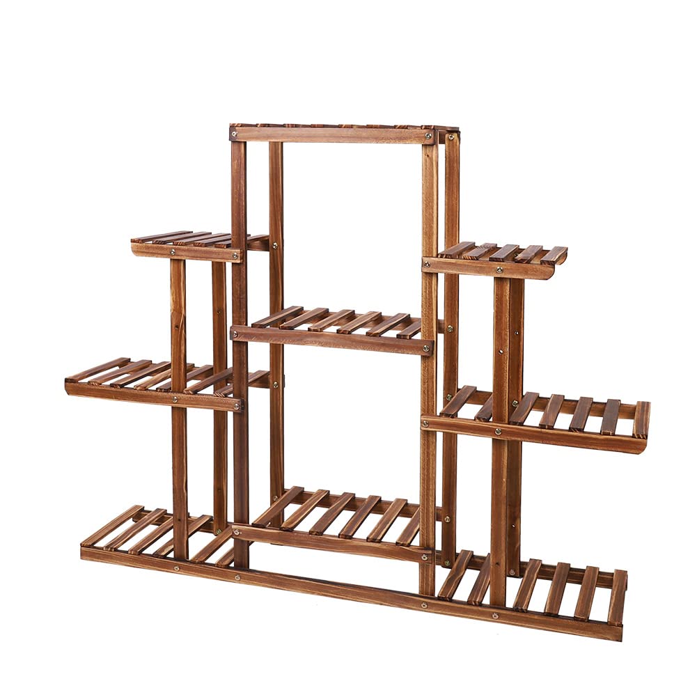 9-Tier Carbonized Wood Plant Stand - Multi-Tier Flower Rack Display Shelf for Indoor Plants, Patio, Garden & Balcony | Space-Saving Storage Organizer for Living Room, Home Decor & Plant Lovers