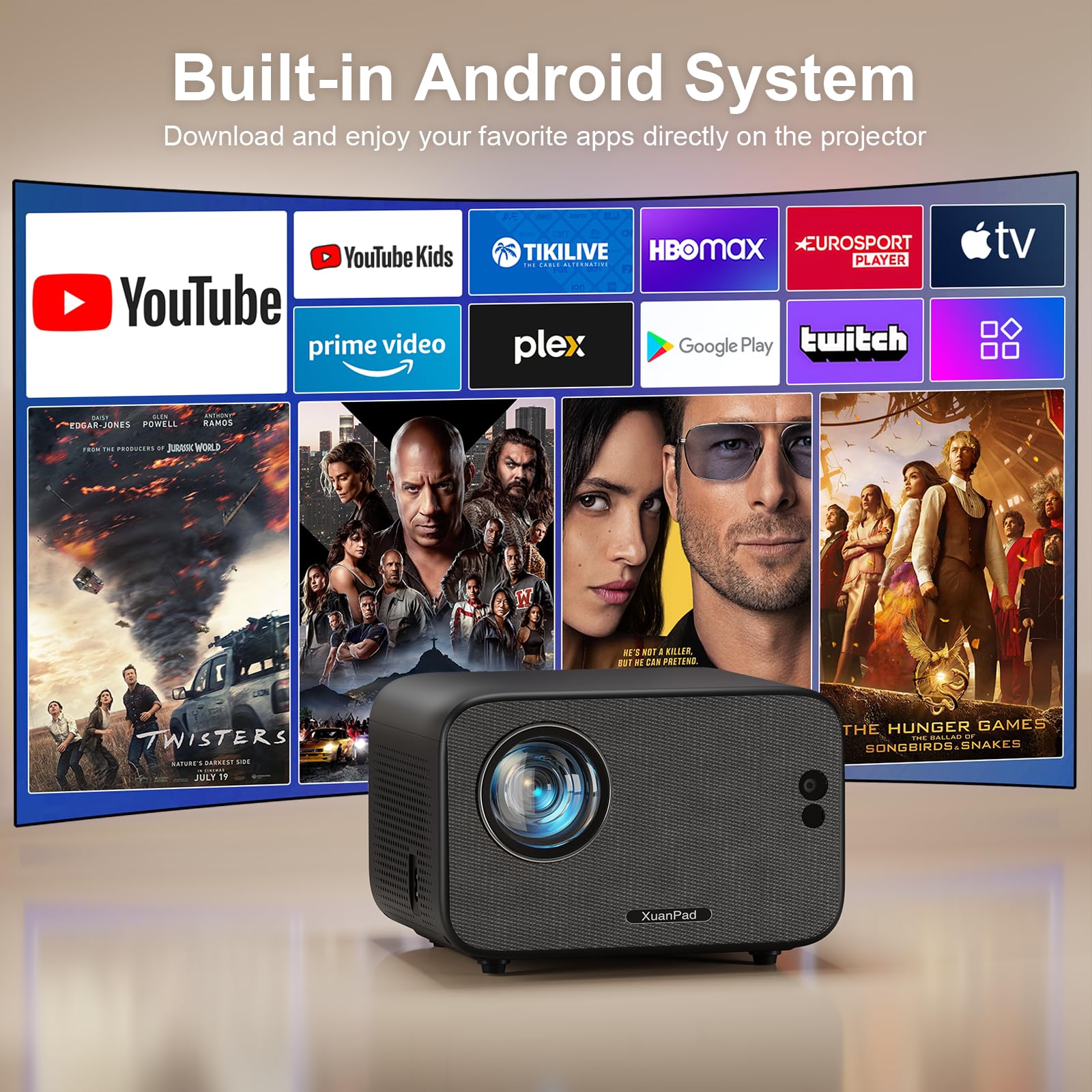 XuanPad 4K Android Mini Projector with Auto Focus, WiFi & Bluetooth - 1080P Portable Projector with 210° Rotatable Stand, Built-in 8000+ Apps, Dust Removal & Cooling System | Perfect for Home Theater, Outdoor Movies, Office Presentations & Gaming