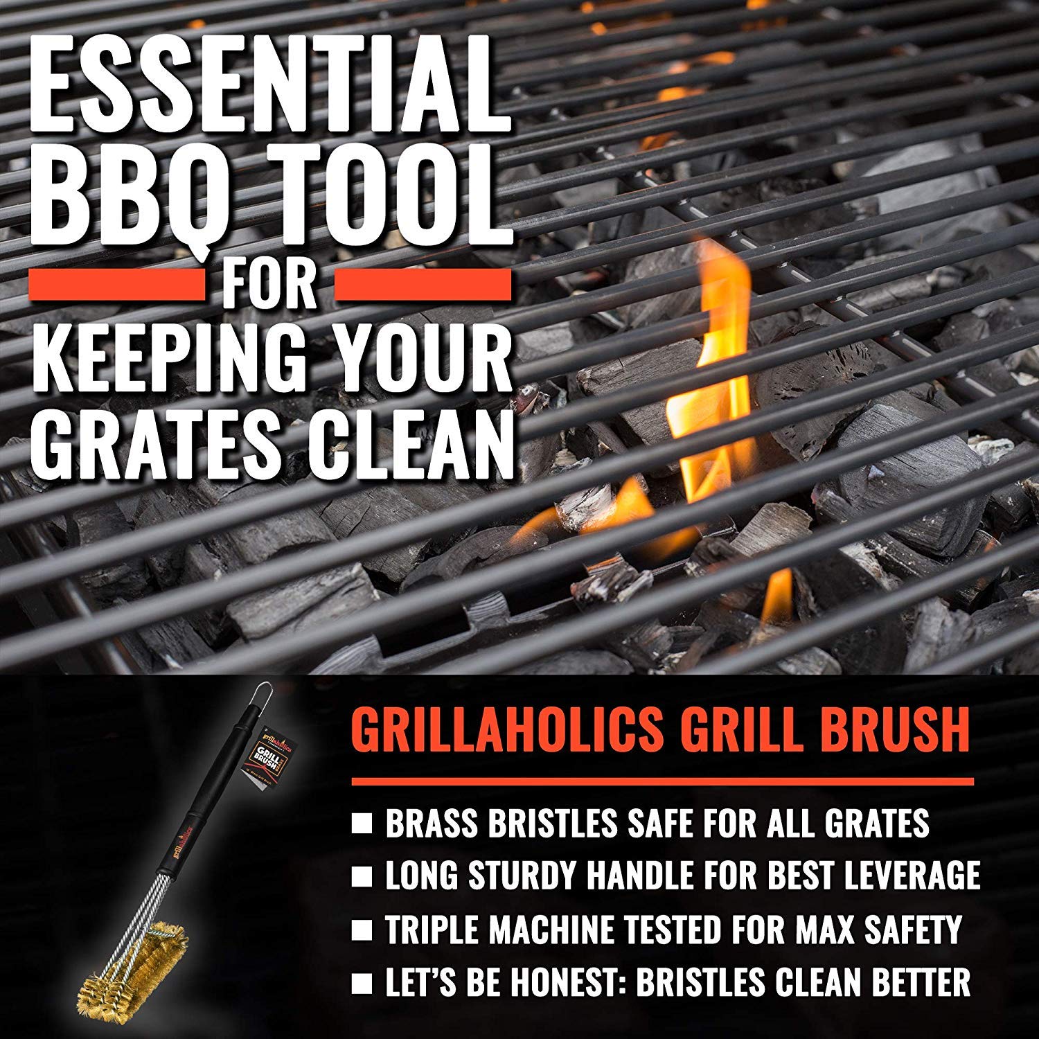 Grillaholics Brass BBQ Grill Brush – Heavy-Duty Grill Cleaning Tool with Soft Bristles for Porcelain & Ceramic Grates – Safe Outdoor Cooking Accessory for Backyard, Camping, and Tailgating Parties