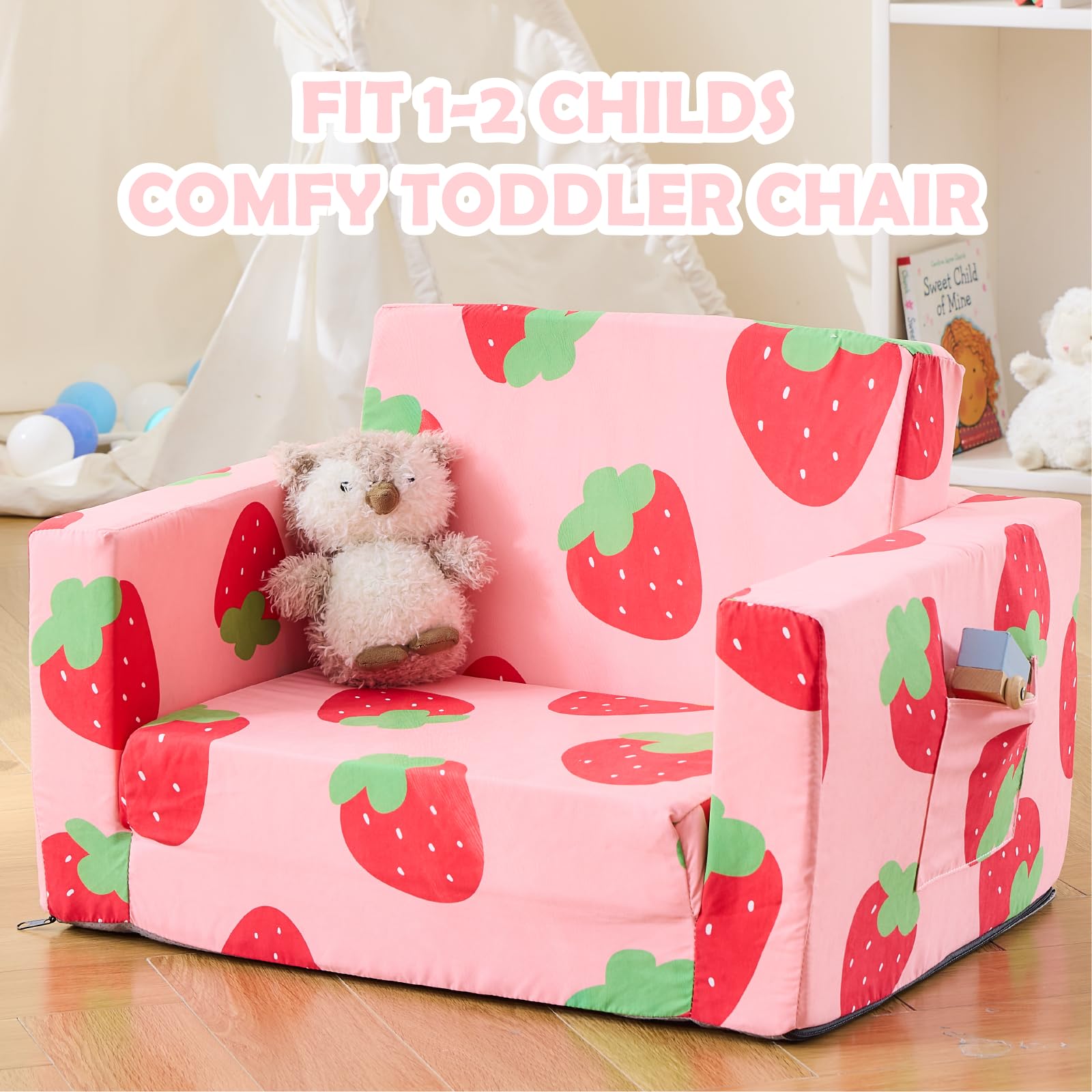 2-in-1 Convertible Toddler Couch & Kids Chair - Foldable Sofa to Lounger for Boys & Girls - Soft Baby Couch with Washable Cover - Perfect for Playroom, Nursery & Gift (Strawberry Red, Medium Size) - Great for Reading Nook, TV Time & Nap Space