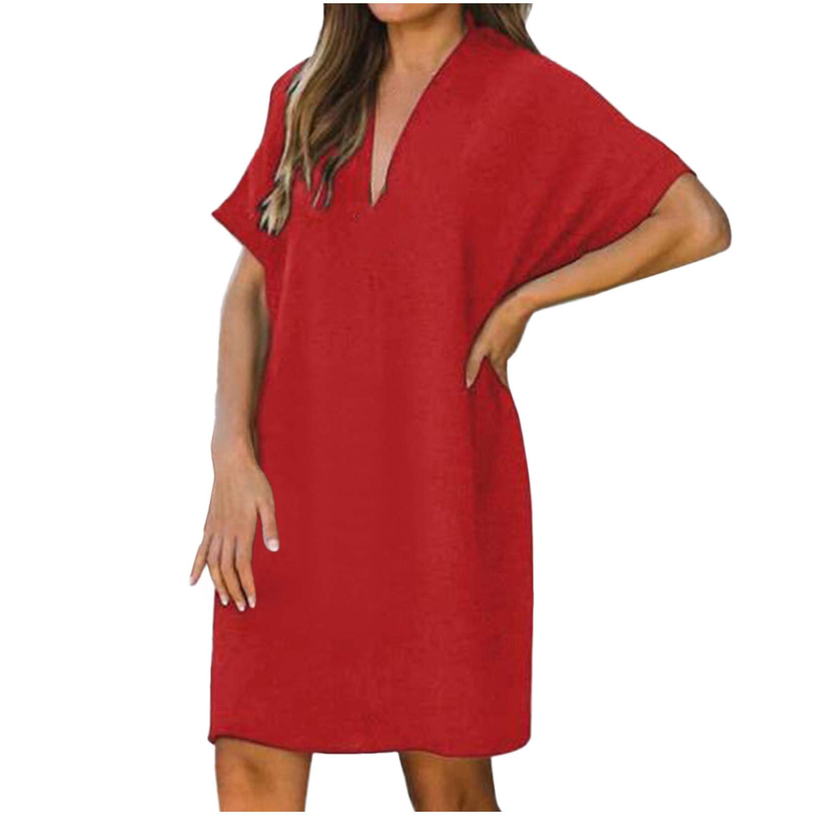 Plus Size Casual V-Neck Short Sleeve Solid Color Dress for Women - Comfortable Summer Daywear & Office Wear