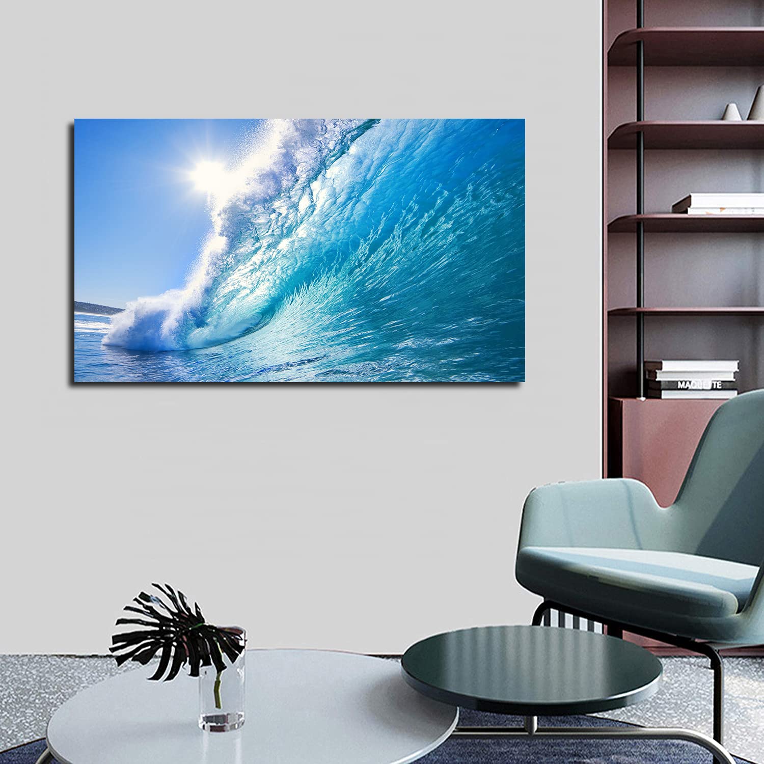 Sun Seawaves Blue Canvas Art - Beach Sunset Landscape Framed Painting Wall Decor for Home, Office & Bedroom - Ready to Hang - Perfect for Coastal, Nautical & Boho Interior Design Styles