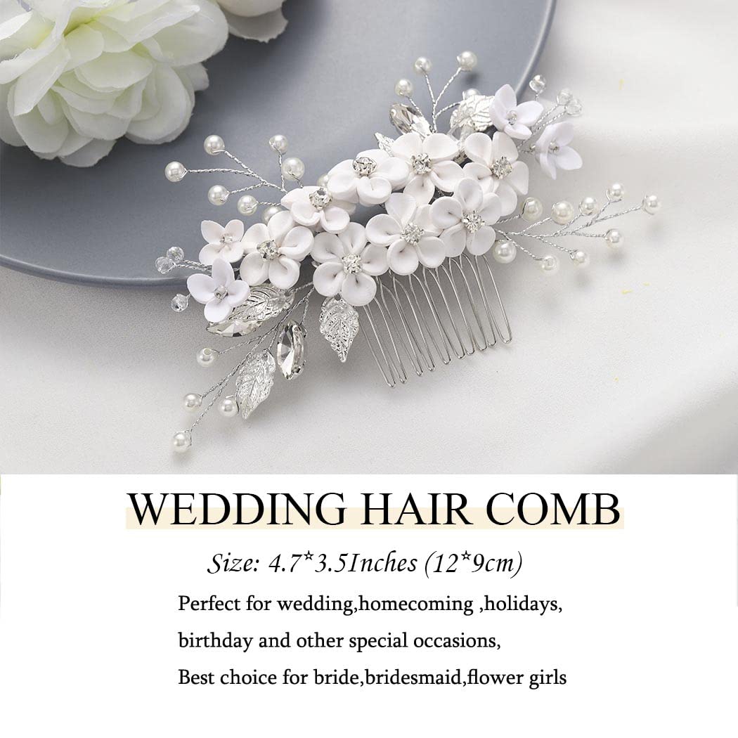 Zoestar Silver Crystal Pearl Wedding Hair Comb - Elegant Bridal Leaf Beads Headpiece for Women & Girls | Perfect for Weddings, Prom, Parties & Special Occasions