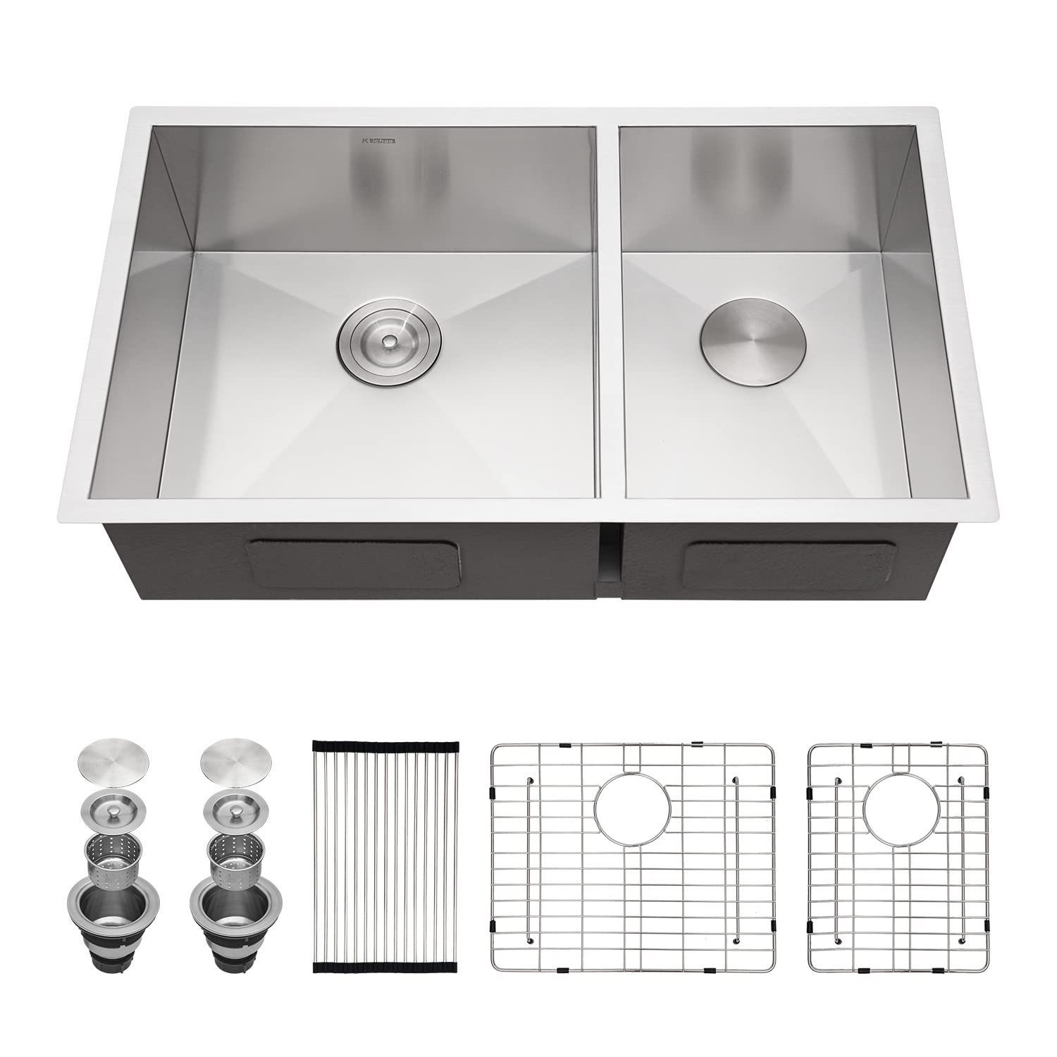 Kichae 33 Inch Undermount Double Bowl Stainless Steel Kitchen Sink - 60/40 Double Basin, 18 Gauge, 33x19 Inches - Perfect for Modern Kitchens, Food Prep, and Dishwashing