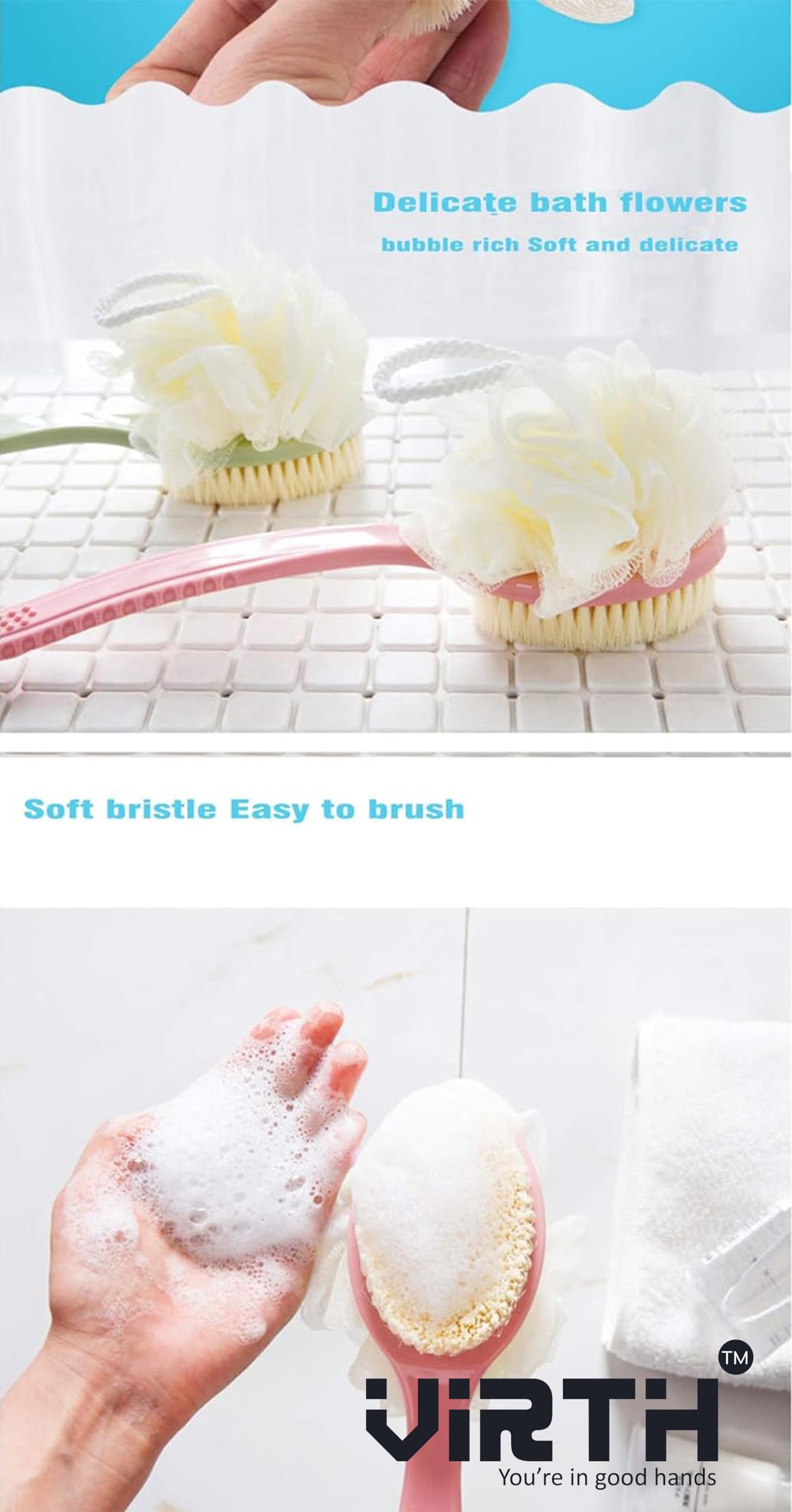 Virth® 2-in-1 Bath & Body Brush with Soft Loofah & Bristles - Long Handle Back Scrubber for Wet/Dry Use - Exfoliating Shower Brush for Women & Men - Perfect for Face, Body & Spa Care - Ideal for Deep Cleansing & Relaxing Bath Time