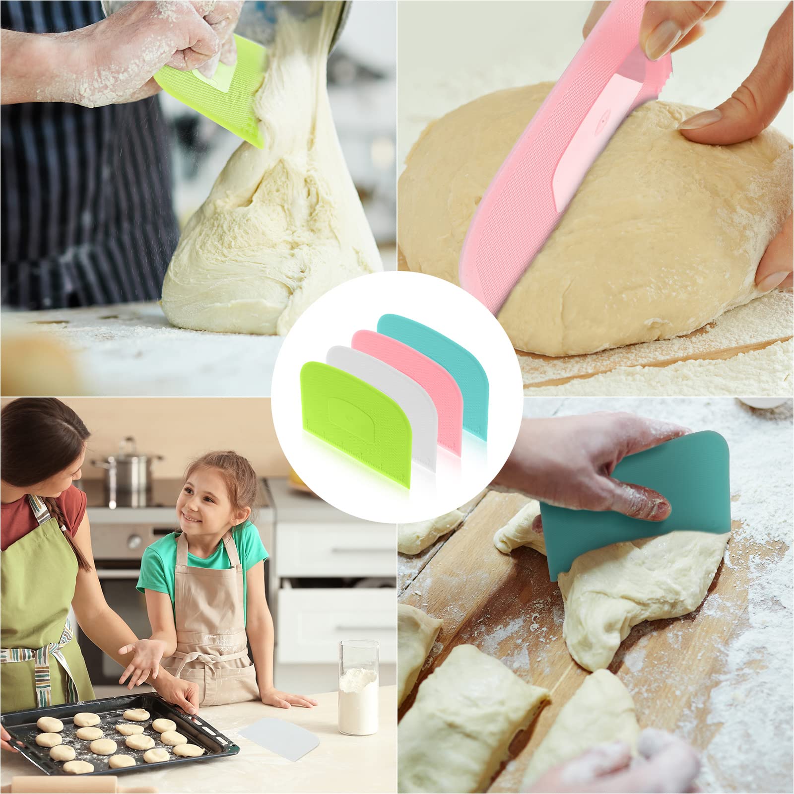 4-Piece Flexible Plastic Dough Scraper Set - Multi-Purpose Bowl Scraper & Food Cutter for Baking Bread, Cake, Fondant Icing (White, Green, Blue, Pink) - Perfect for Home Bakers & Professional Kitchens