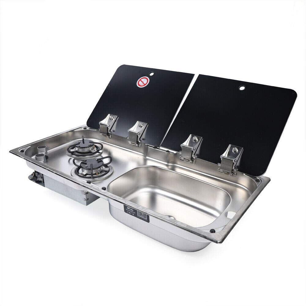 LOYALHEARTDY Portable LPG Gas Camping Stove with Tempered Glass Lid - Double Burner RV Cooktop & Sink Combo for Caravan, Boat, Camper (GR-904RD Right Basin) - Perfect for Outdoor Cooking, Camping Trips & RV Adventures
