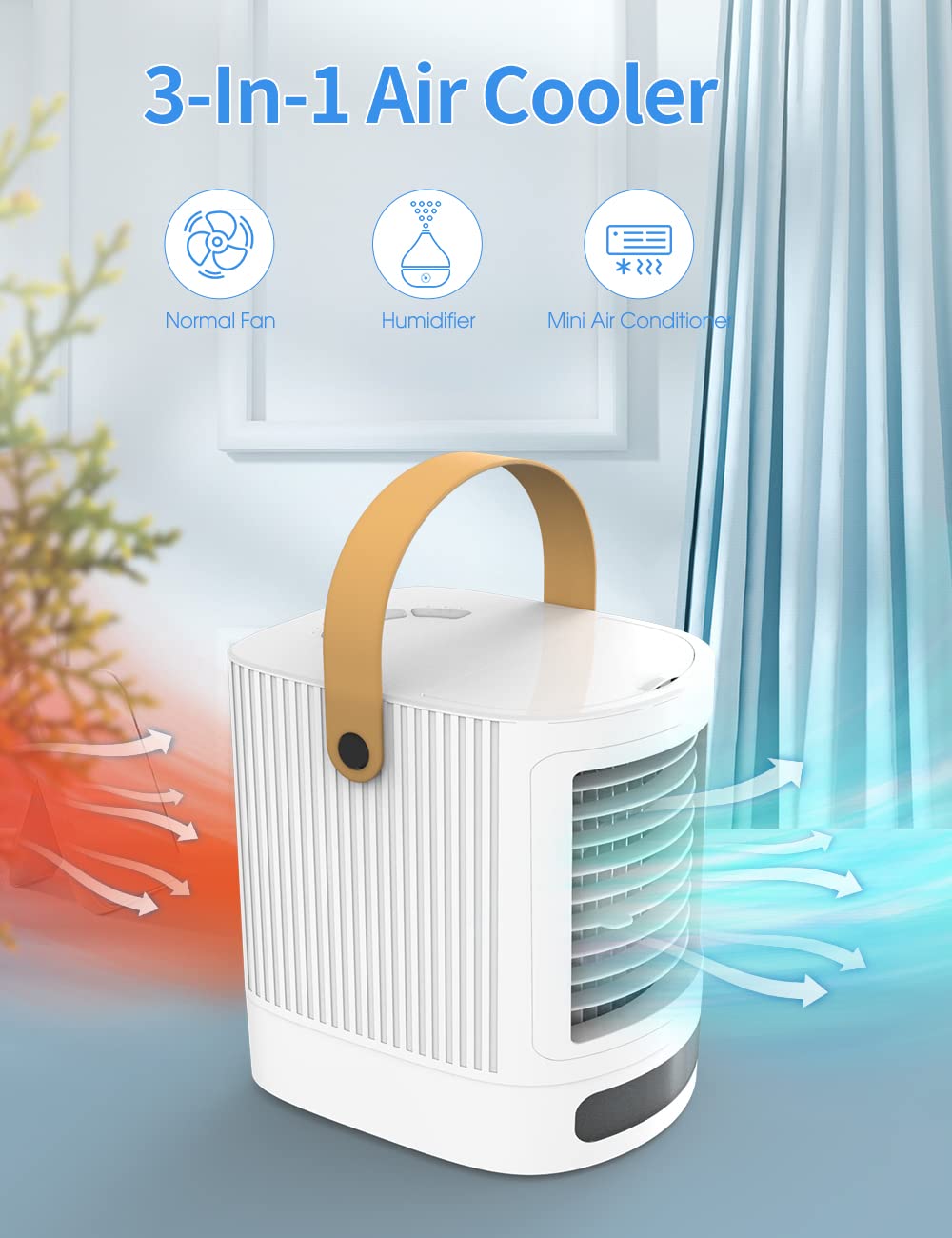 Mini Portable Air Conditioner - 3 Speed Desktop Air Cooler with Leather Handle & 7 LED Lights | Small Evaporative Cooler for Office, Dorm, Bedroom | Personal Cooling for Home & Workspace