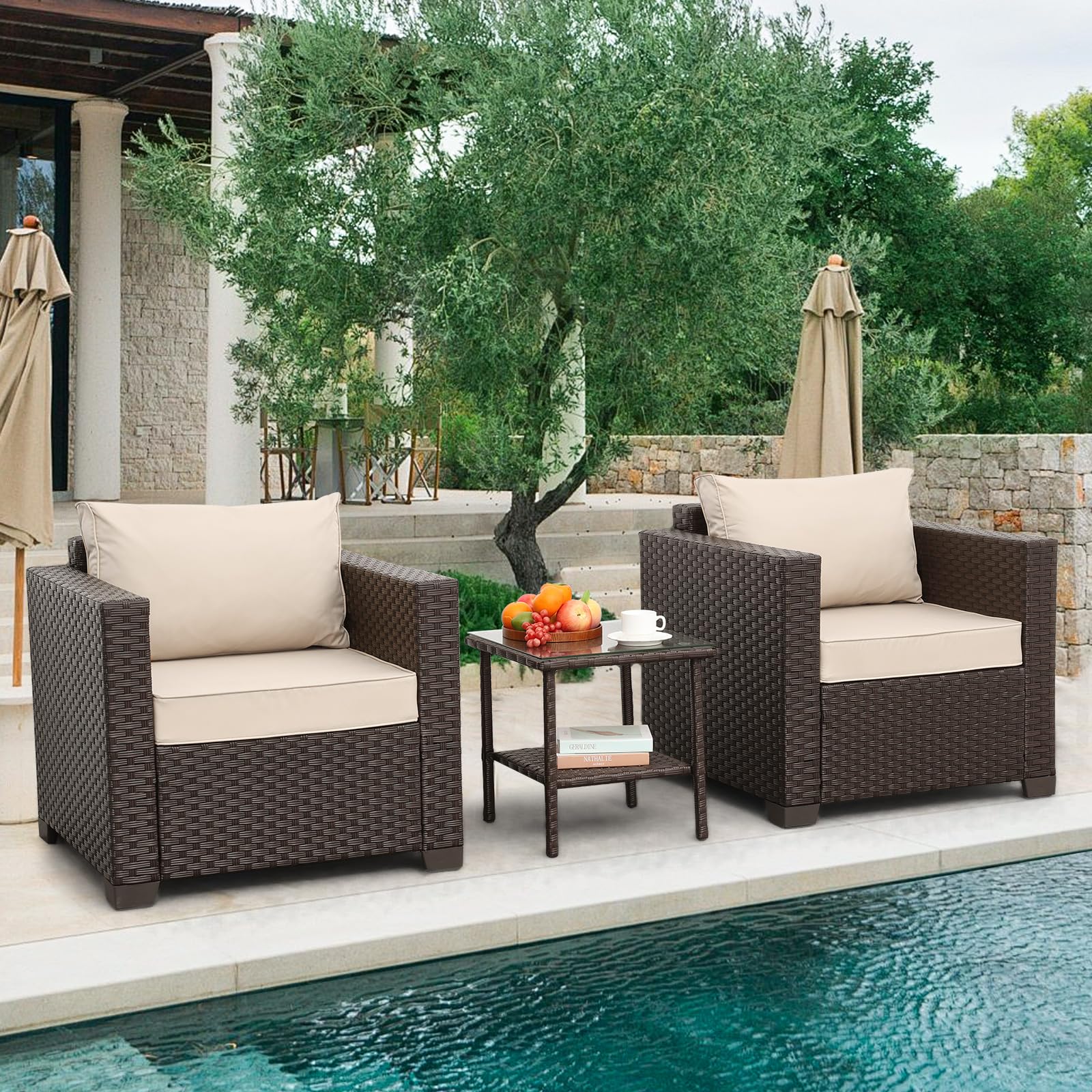 Rattan Outdoor Furniture Set - 3-Piece Patio Club Chair & Glass End Table with Anti-Slip Cushions & Waterproof Cover, Khaki - Perfect for Garden, Poolside, and Backyard Relaxation