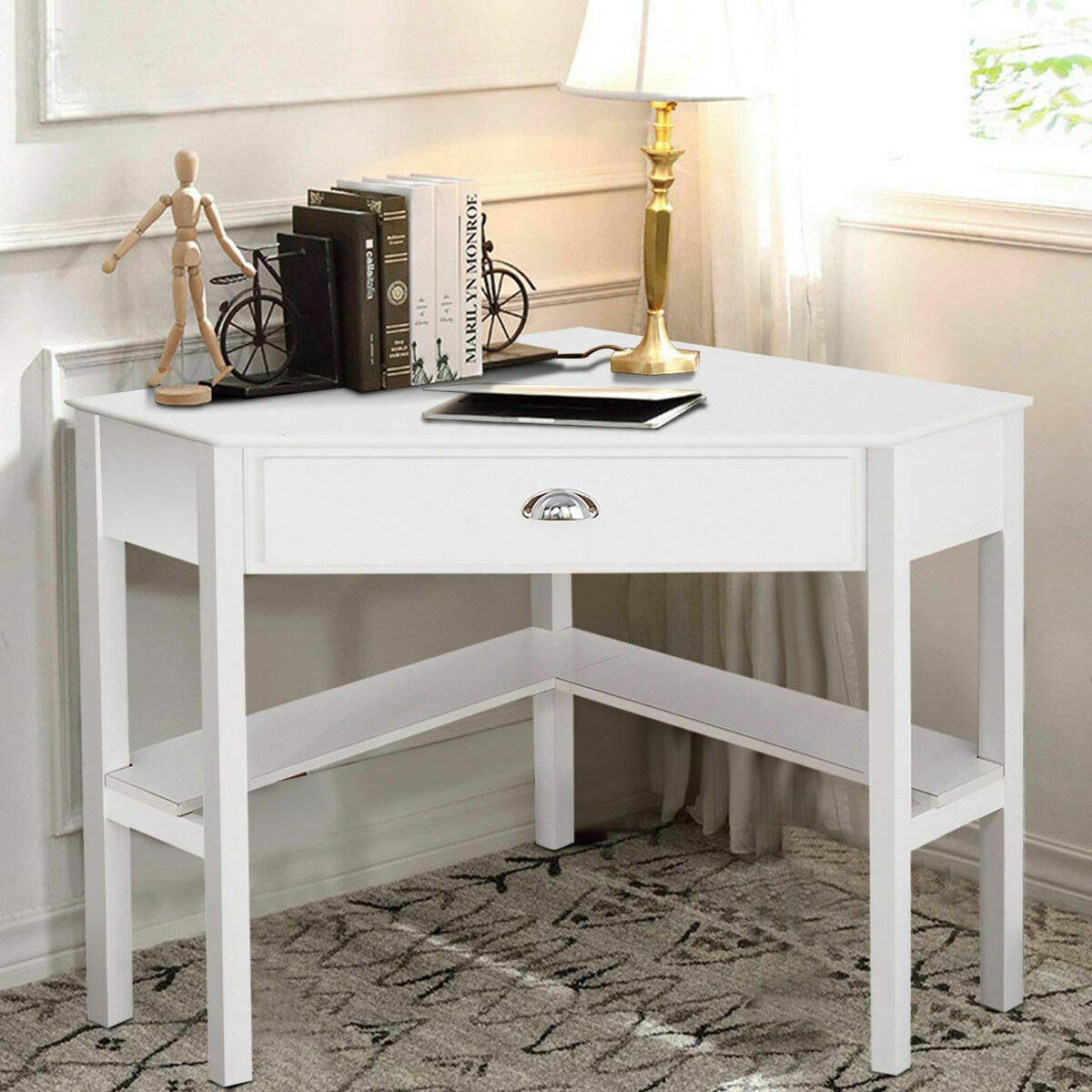 Modern White Corner Wood Desk - Home Office Laptop Writing Table with Ergonomic Design | Perfect for Small Spaces, Study Rooms & Remote Workstations