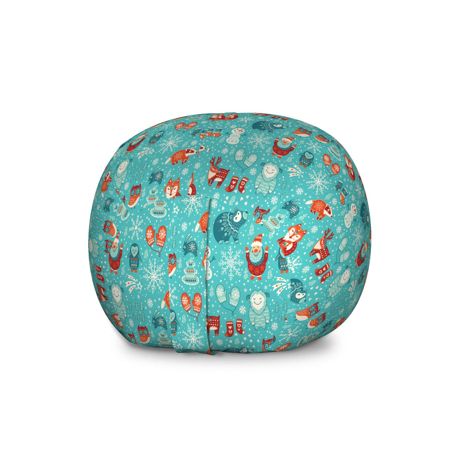 Ambesonne Large Washable Winter Toy Storage Bag Chair - Santa Fox Deer Yeti Owl Cartoon Design, Stuffed Animal Organizer for Kids Room (Aqua Vermillion) | Perfect for Holiday Decor & Playroom Organization