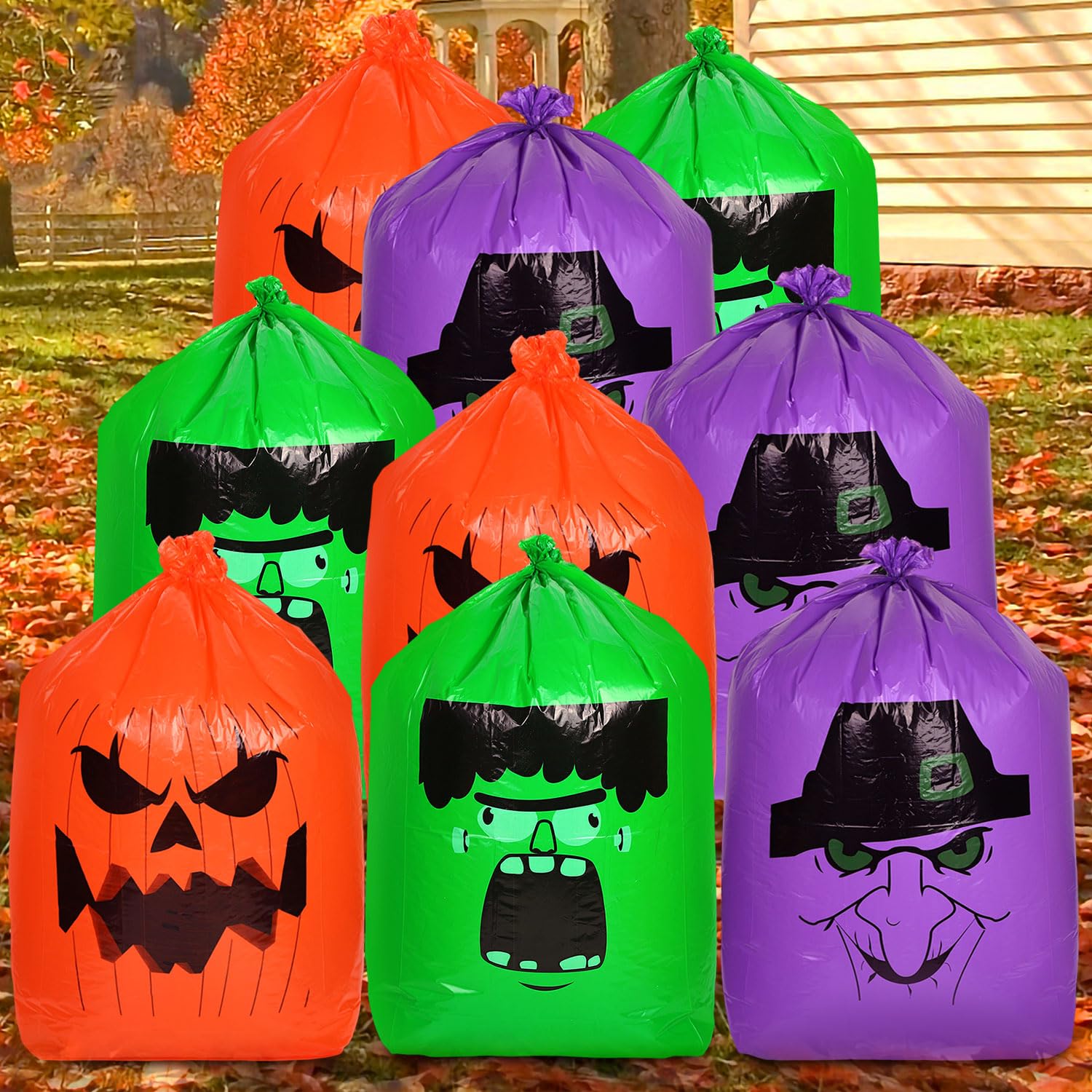 9PCS Halloween Leaf Bags - Large Plastic Pumpkin & Witch Design Trash Bags (3 Patterns) for Party Decor, Garden Waste, Lawn Cleanup & Outdoor Halloween Decoration - Perfect for Trick-or-Treat Night & Spooky Yard Displays
