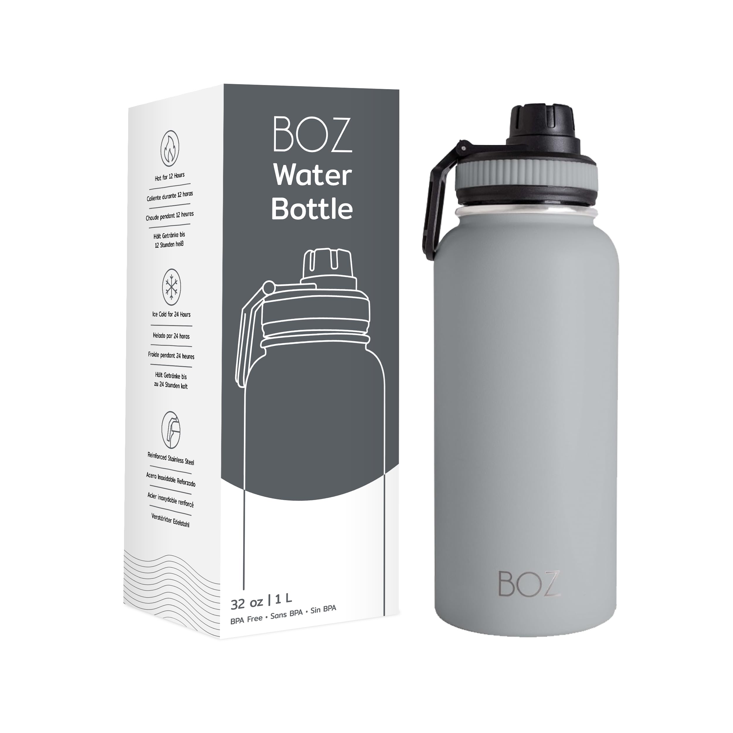 BOZ 32oz Stainless Steel Water Bottle - Wide Mouth, BPA Free, Double Wall Vacuum Insulated for Hot & Cold Drinks - Perfect for Gym, Hiking, Camping & Outdoor Activities (Grey)