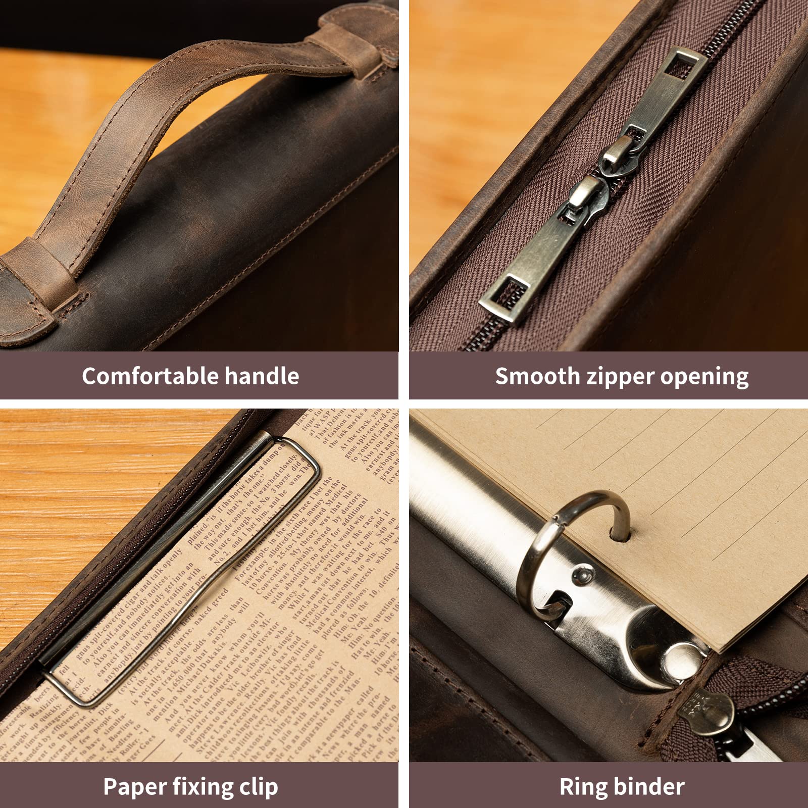 YIWEN Genuine Leather Portfolio with Zipper & 3-Ring Binder - Professional Business Organizer, Resume Folder & Tablet Notebook Holder (Dark Khaki) - Perfect for Office Meetings, Job Interviews & Business Presentations