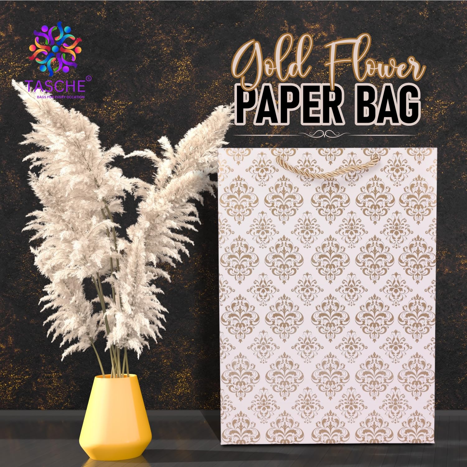 Gold Flower Design Gift Bags for Weddings & Birthdays - Pack of 10