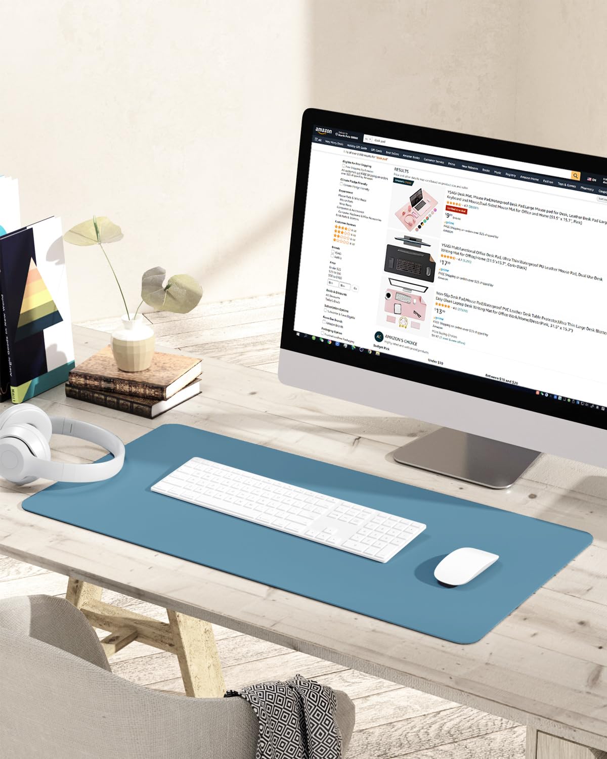 Non-Slip Waterproof PVC Leather Desk Pad - Ultra Thin Large Mouse Pad & Laptop Writing Mat - Easy Clean Office Desk Protector for Work, Home & Decor (Blue, 31.5