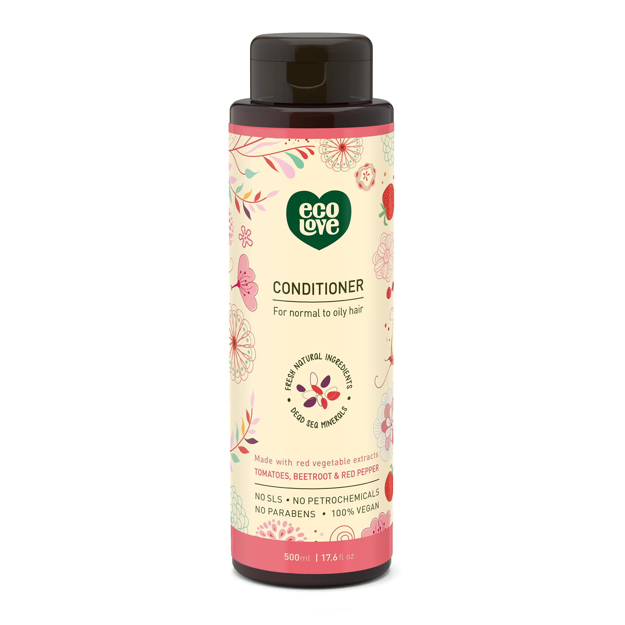 EcoLove Red Collection Conditioner for Normal to Oily Hair - Vegan Hair Care with Tomatoes, Beetroot & Red Pepper (17.6 Oz) - Hydrating & Volumizing for Daily Use