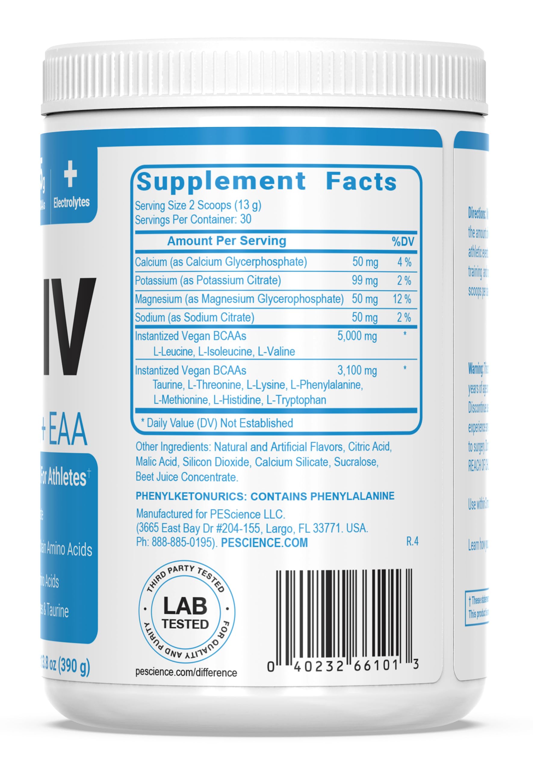 PEScience Amino IV BCAA & EAA Powder - Raspberry Grape Flavor, 60 Servings | Essential Amino Acids, Taurine & Electrolytes for Hydration | Sugar Free Muscle Recovery Supplement for Men & Women | Post Workout & Fitness Nutrition | Ideal for Gym, Running & Athletic Performance