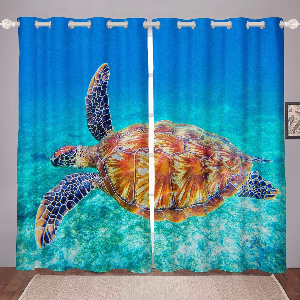 3D Sea Turtle Window Curtains for Kids Bedroom & Living Room - Ocean Underwater Sealife Decor Drapes (38x54 Inches, 2 Panels) - Perfect for Beach Theme Rooms & Marine Animal Lovers