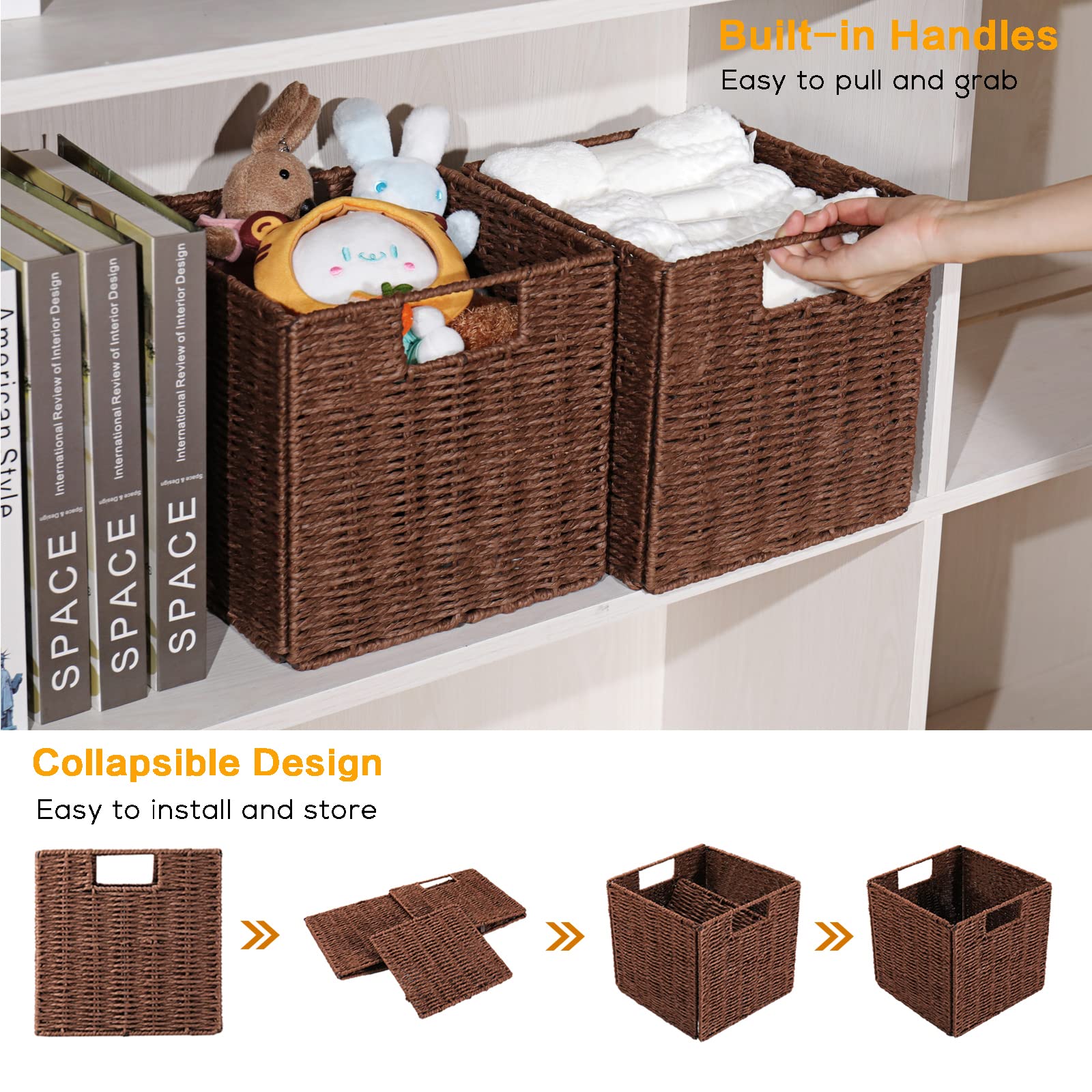Vagusicc Wicker Storage Basket Set of 2 - Hand-Woven Foldable Cube Bins with Handles for Shelves - 9 Inch Small Woven Baskets for Pantry, Bedroom & Home Organization - Brown - Perfect for Closet Storage, Laundry Room & Nursery Decor