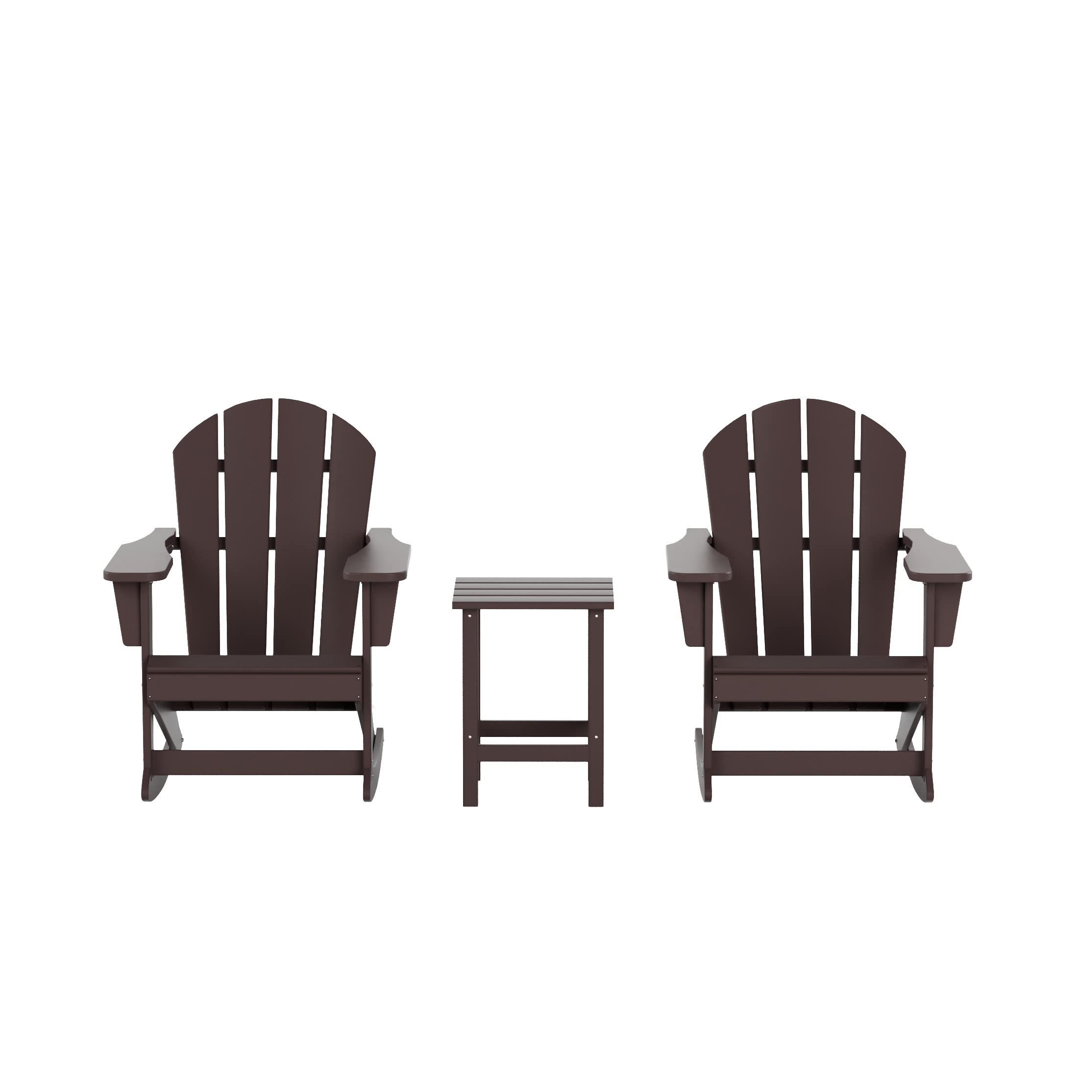 WO Home Furniture 3-Piece Patio Rocking Chair Set - Classic Outdoor Adirondack Rocker Chairs & Side Table in Dark Brown - Perfect for Backyard, Garden, Porch & Poolside Relaxation
