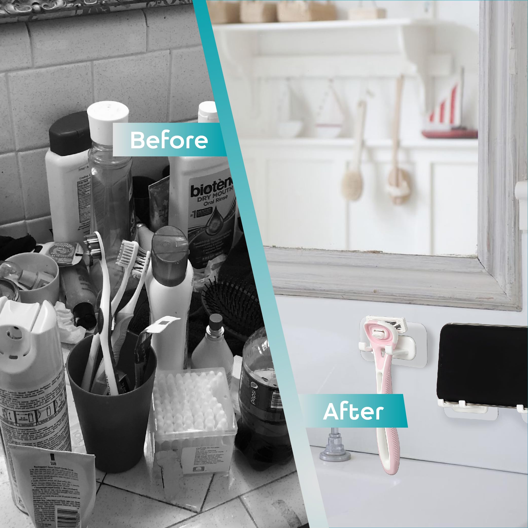 Self-Adhesive Shower Razor Holder - 2 Pack Waterproof Hooks for Bathroom & Kitchen - Removable & Reusable for Towels, Bath Accessories - White - Perfect for Shower Organization & Small Space Storage