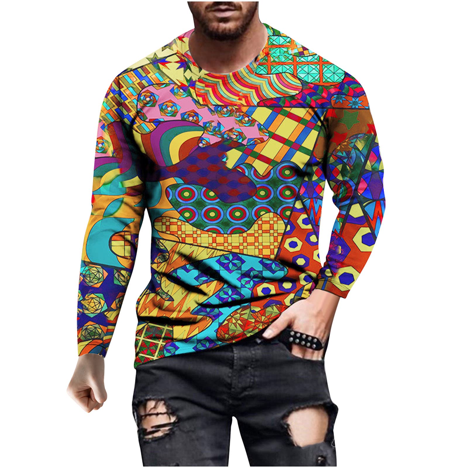 Vintage Oil Painting Print Men's T-Shirt - Long Sleeve Tie Dye Crewneck Sweatshirt for Casual Wear & Street Fashion | Art Inspired Graphic Tee for Daily Outfits, Music Festivals & Retro Style