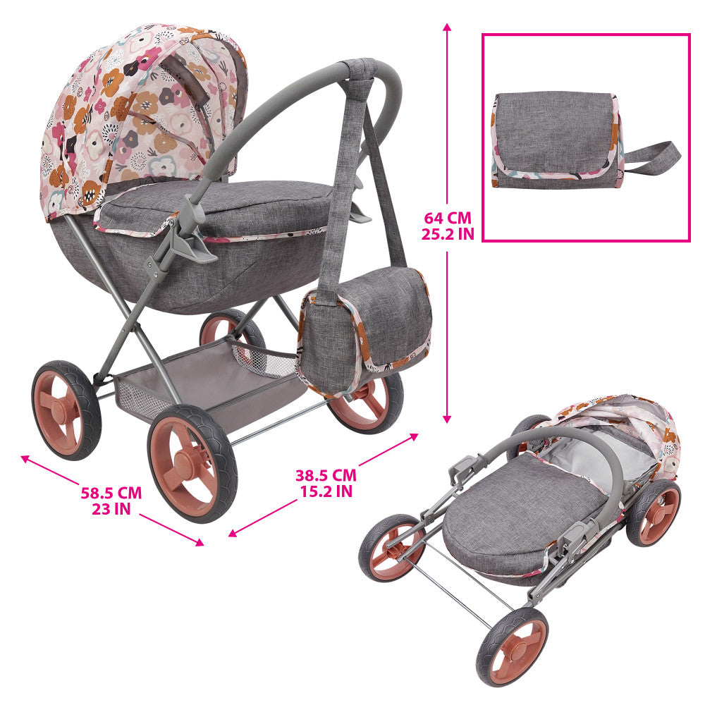 509 Crew Melange Flora Deluxe Doll Stroller with Matching Shoulder Bag - Perfect for Pretend Play, Tea Parties & Outdoor Adventures