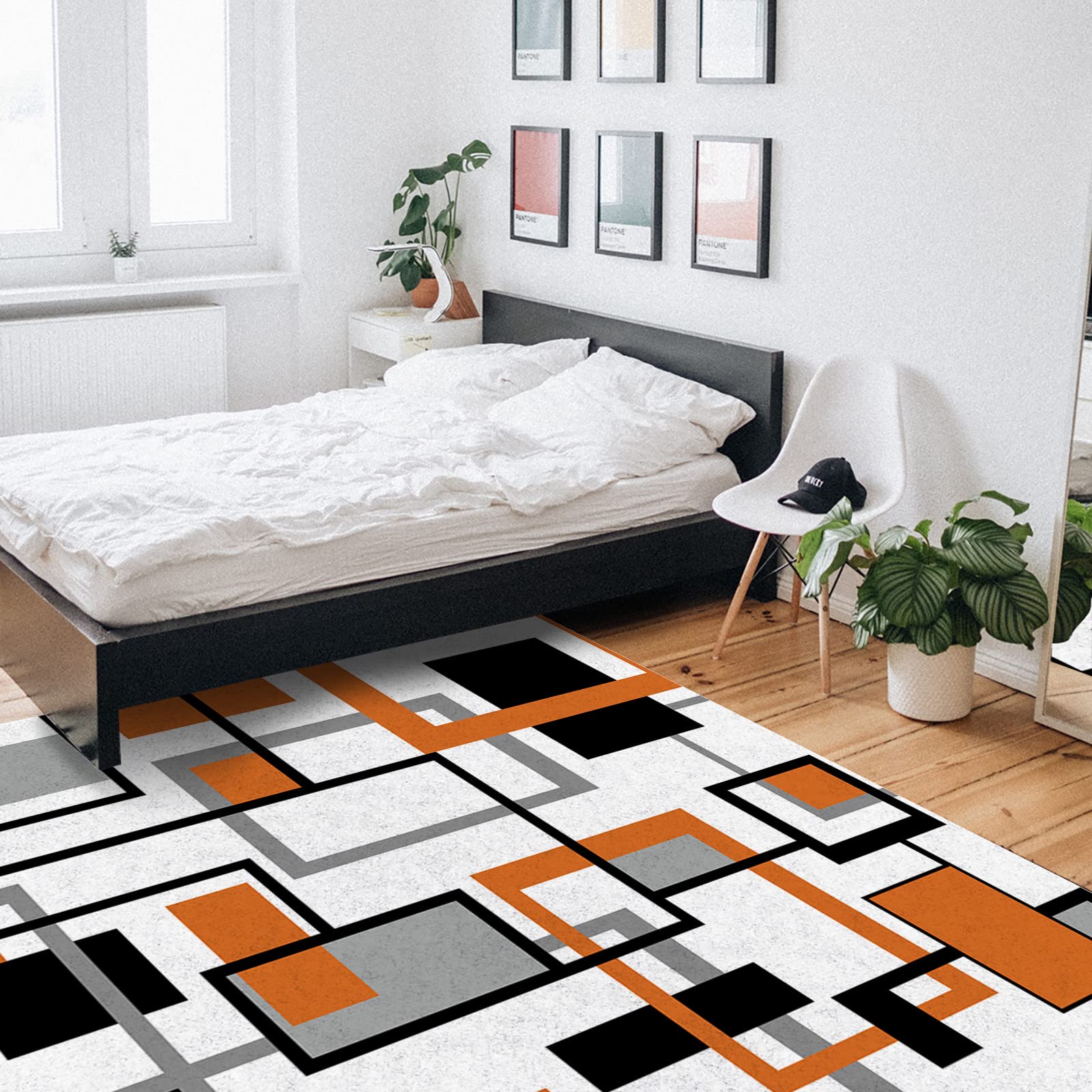Orange Geometric Area Runner Rug 3'x5' - Washable Indoor Outdoor Carpet for Kitchen, Living Room, Bathroom, Bedroom | Retro Modern Abstract Mid-Century Design Floor Mat - Perfect for Entryway, Laundry Room & Classroom Decor