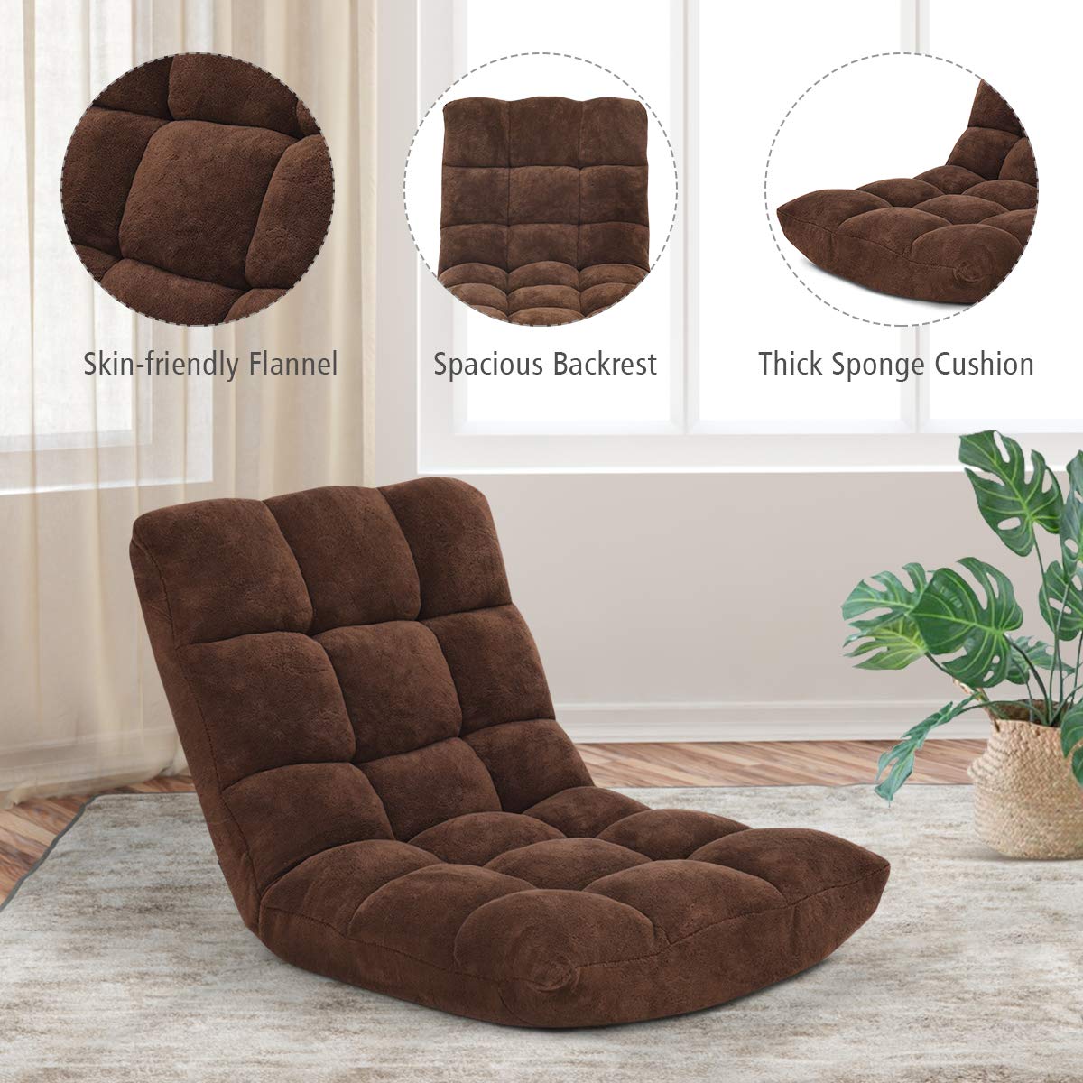 14-Position Adjustable Folding Sofa Chair - Convertible Sleeper Bed & Gaming Recliner for Living Room, Bedroom, Home Theater - Comfortable Floor Couch in Brown (Perfect for Small Spaces, Guest Beds & Relaxing)