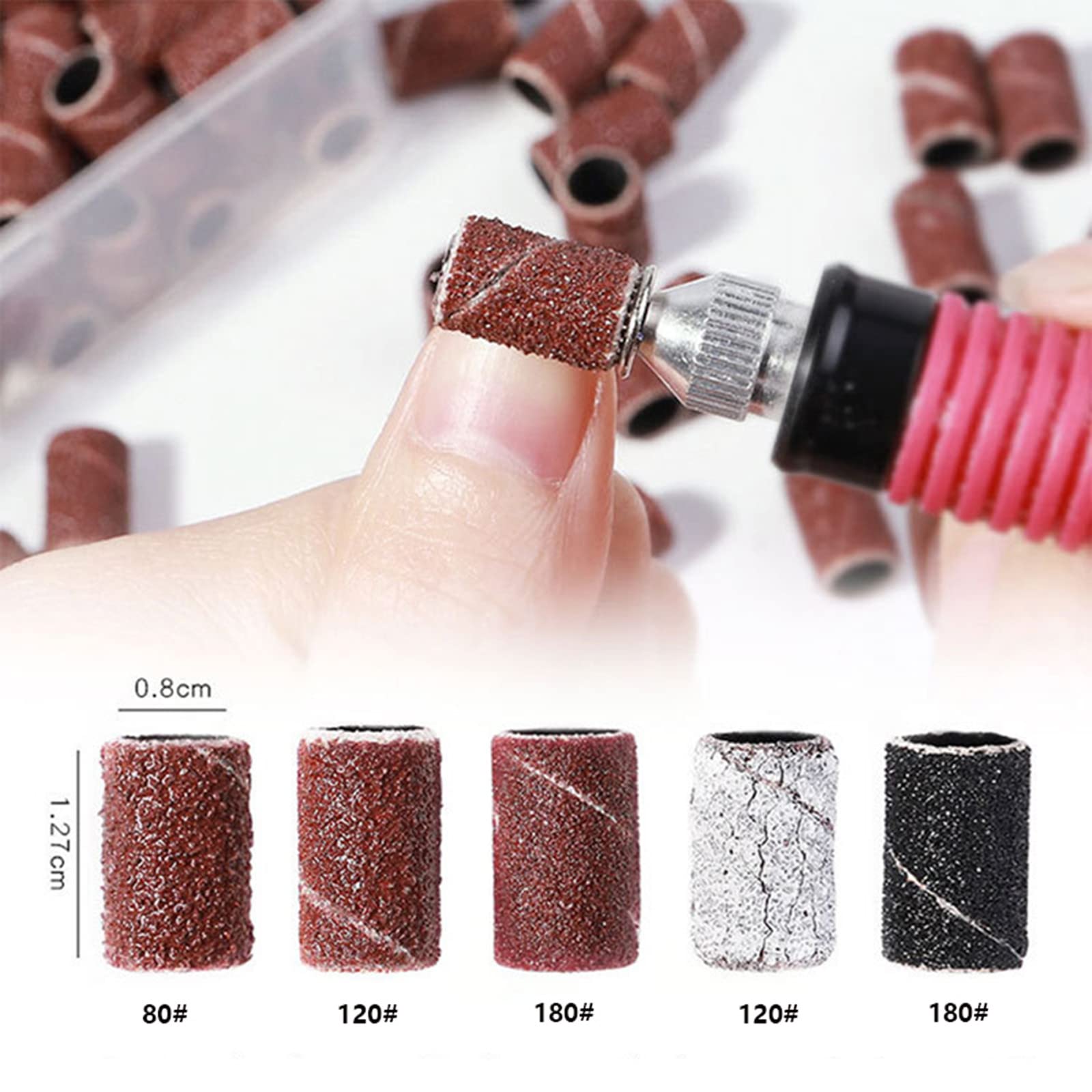 Yimart 210pcs Nail Sanding Bands Kit - 80# 120# 180# Grit Sandpaper Bands for Electric Nail Drill Machine - Professional Manicure & Pedicure Tools for Nail Art, Acrylics & Gel Polish Removal - Perfect for Salon & Home Use (Brown)
