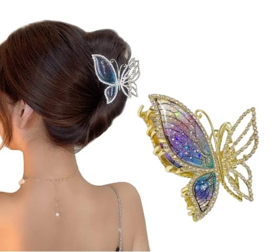 1 PCS Butterfly Metal Hair Claw Clip - Fashion Sparkly Glitter Rhinestone Hair Clip for Women, Girls - Strong Hold Jaw Clip for Ponytail, Bun, Updo - Perfect for Parties, Weddings, Daily Use
