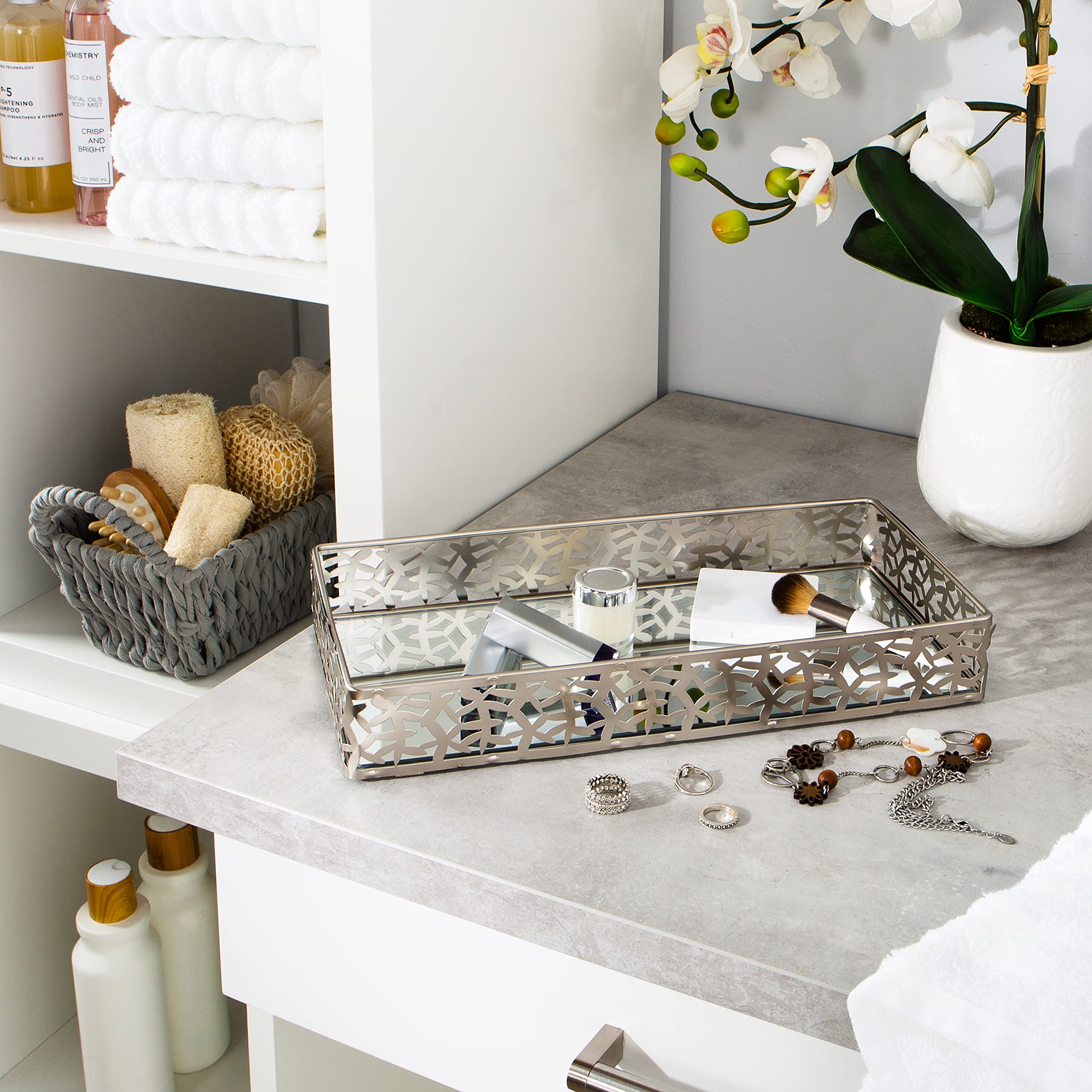 Leaf Design Mirrored Vanity Tray - Elegant Dresser Organizer for Perfume, Jewelry & Cosmetics | Satin Silver Decorative Tray | Perfect for Bedroom, Bathroom & Vanity Table Decor