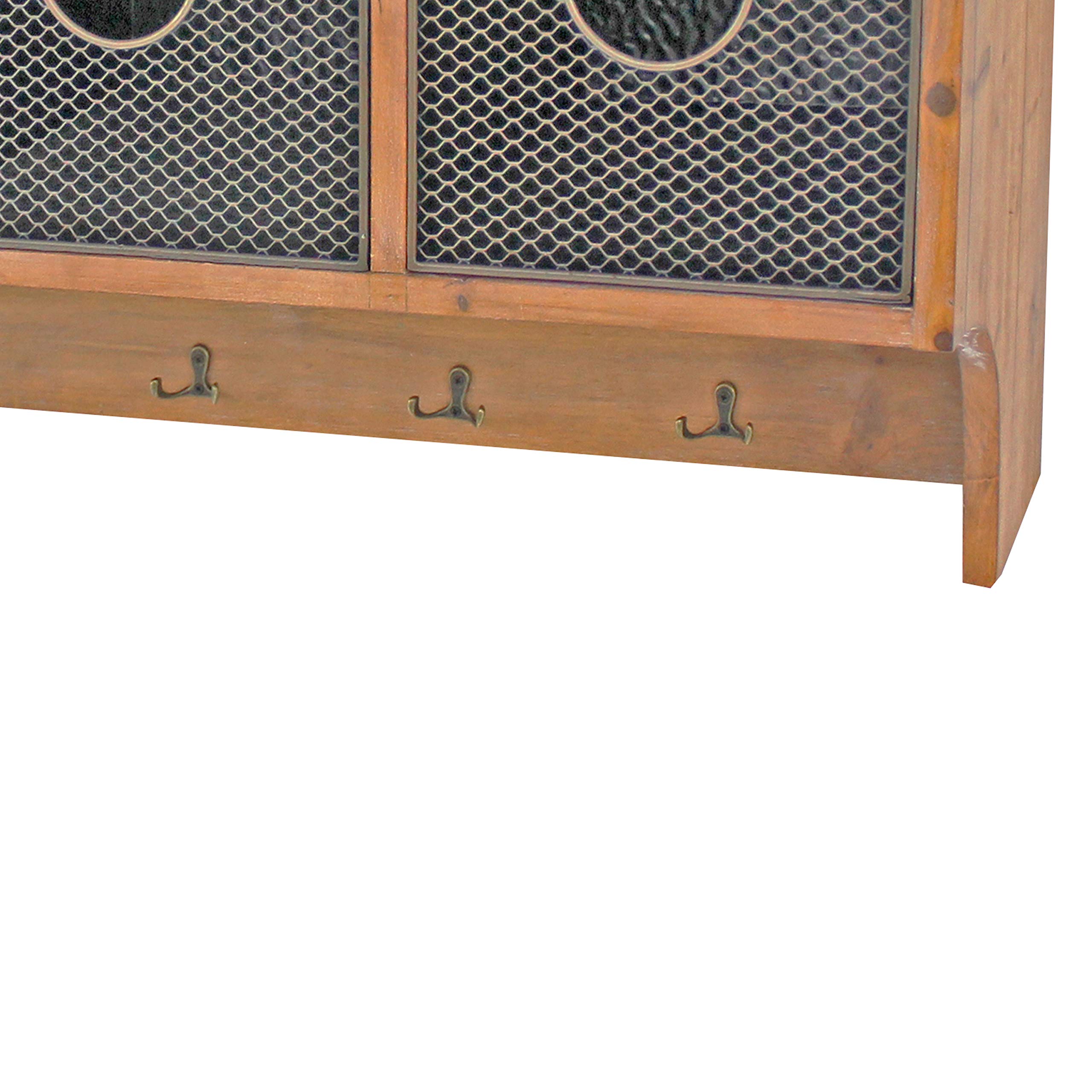 Benjara BM218344 Rustic Wooden Wall Shelf with 4 Hooks & 3 Wire Baskets - Farmhouse Entryway Organizer, Bathroom Storage, Kitchen Decor - 14.5 x 11 x 33 Inches, Brown