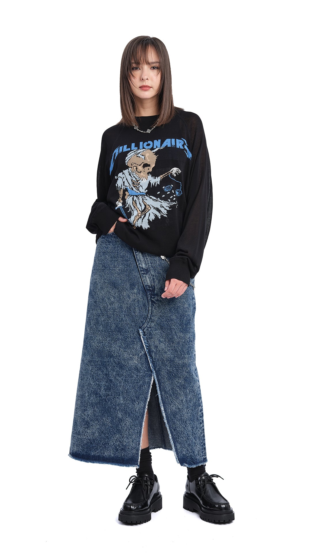 Vintage Stone Washed Denim Fishtail Skirt for Women - High Waisted A-Line Midi Skirt with Side Slits - Perfect for Casual Outfits, Date Nights & Boho Fashion
