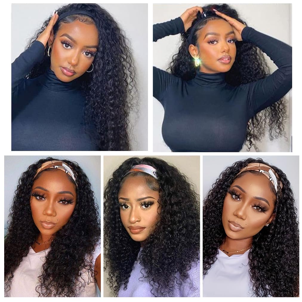 16 Inch Deep Wave Human Hair Headband Wig - Glueless No Lace Front Brazilian Virgin Hair Wig for Black Women | 150% Density Natural Black | Perfect for Daily Wear, Parties & Protective Styling