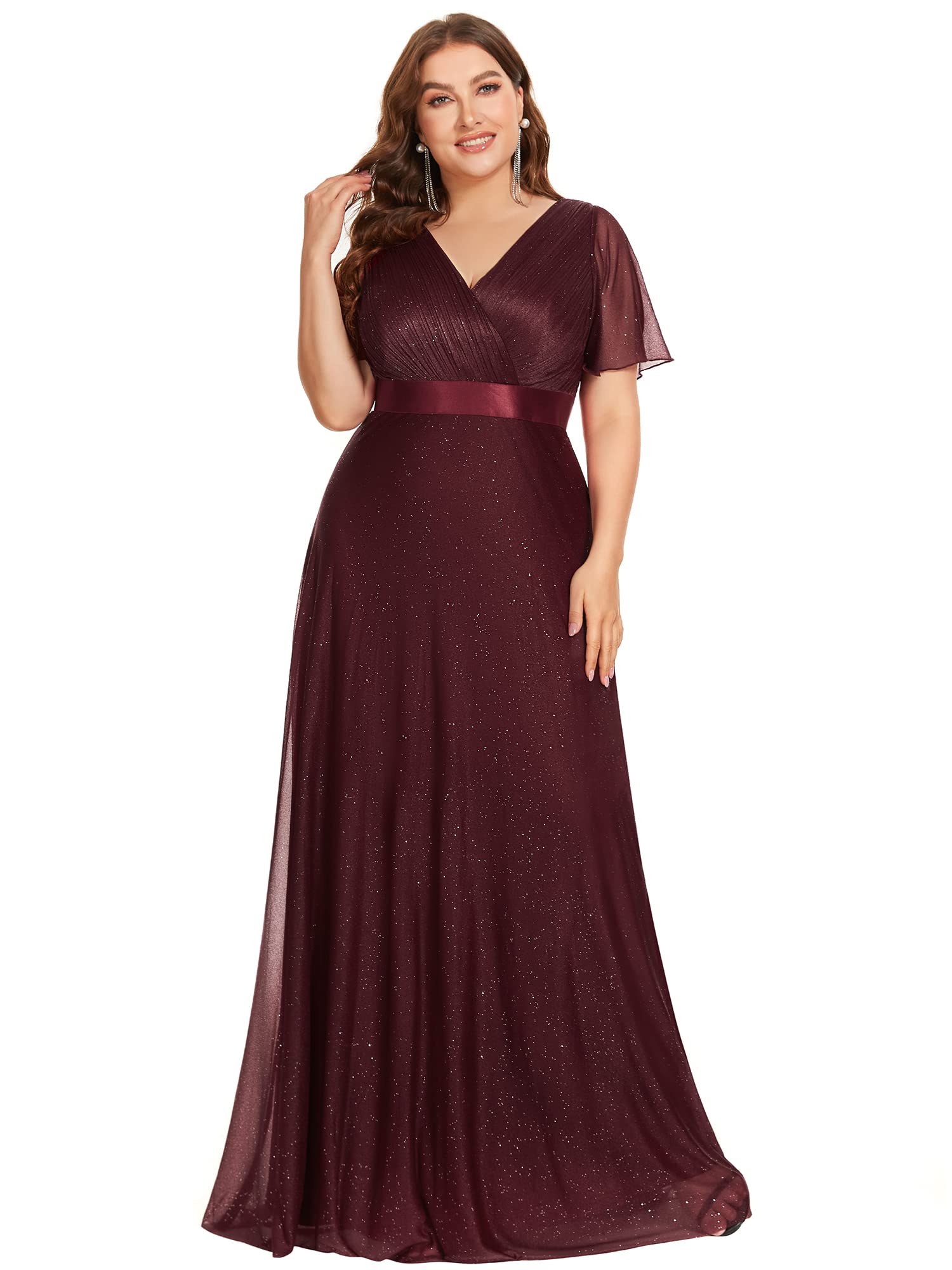 Ever-Pretty Plus Size Women's V-Neck Long Formal Dress with Shimmery Flutter Sleeves - Elegant Evening Gown for Prom, Wedding & Special Occasions (Style 50159)