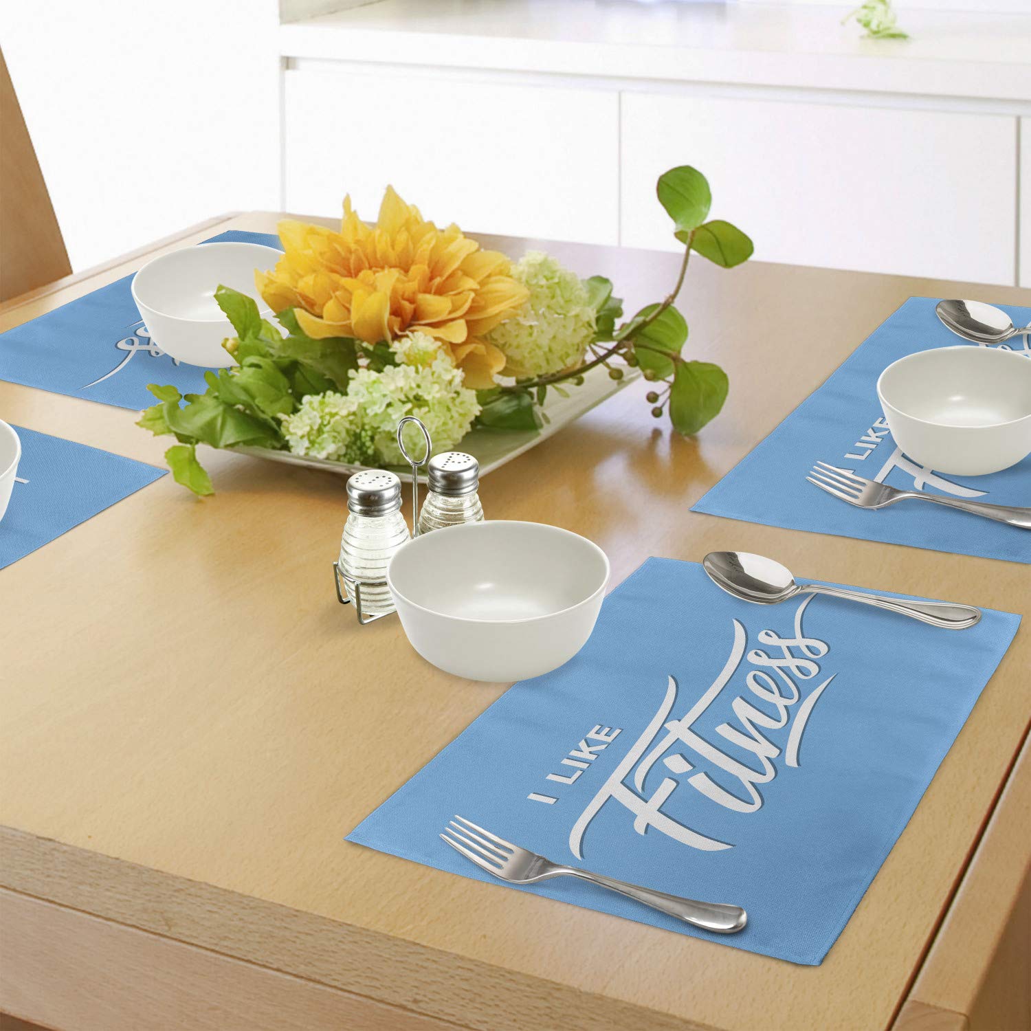 Ambesonne 4-Piece Fitness Themed Placemats Set - Athletic Sports & Workout Lifestyle Design - Washable Fabric Table Mats for Dining - Standard Size Pale Blue & White - Perfect for Gym Enthusiasts & Healthy Dining