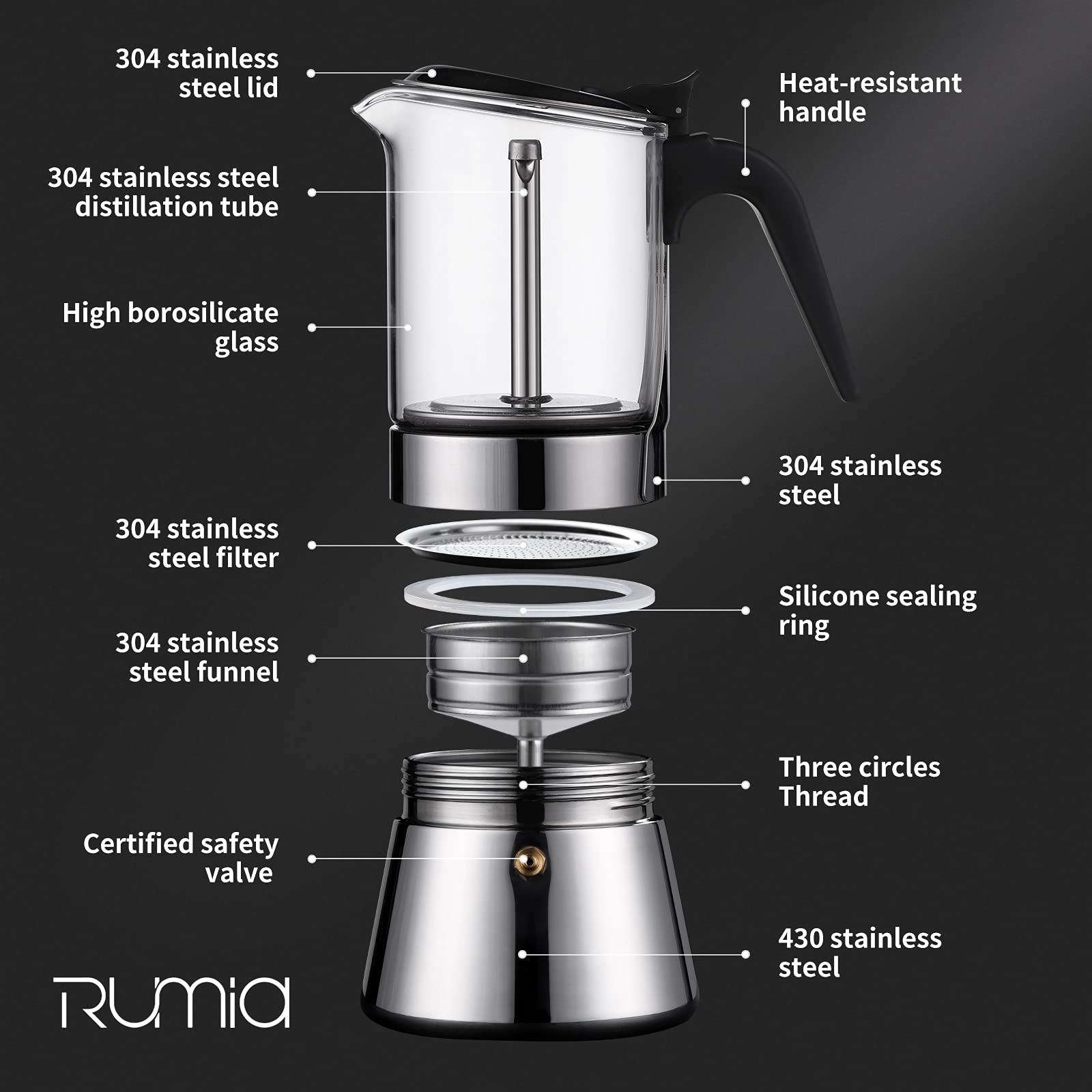 Rumia Stainless Steel & Glass Stovetop Moka Pot - Classic Italian Style Espresso Maker for Home & Office - Easy to Use & Clean 6 Cup Coffee Maker - Perfect for Camping, Gifts & Daily Brewing