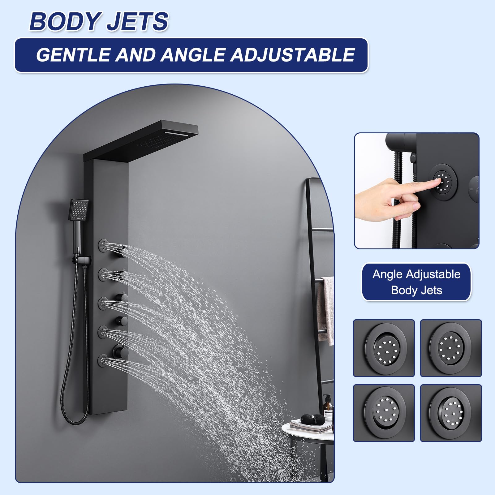 ROVATE 4-in-1 Matte Black Shower Panel Tower System with Rainfall Shower Head, Waterfall, Body Jets & Handheld Spray - High Pressure Stainless Steel Shower Column for Luxurious Spa Experience at Home