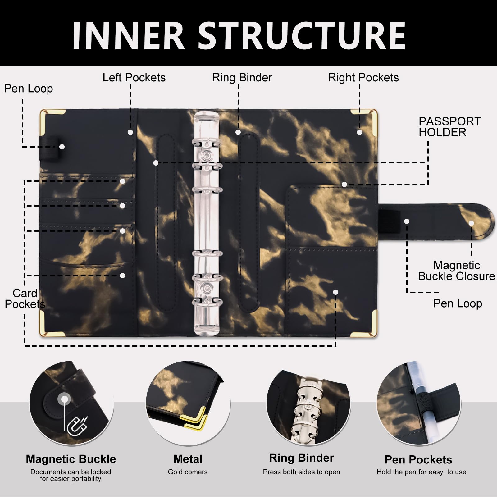 PU Leather Budget Binder with Zipper Envelopes - Money Organizer for Cash, Bills & Coupons | Cash Envelope System for Budgeting & Saving Money | Durable Marble Black Finance Planner (Perfect for Home Budgeting, Travel Expense Tracking & Financial Organization)
