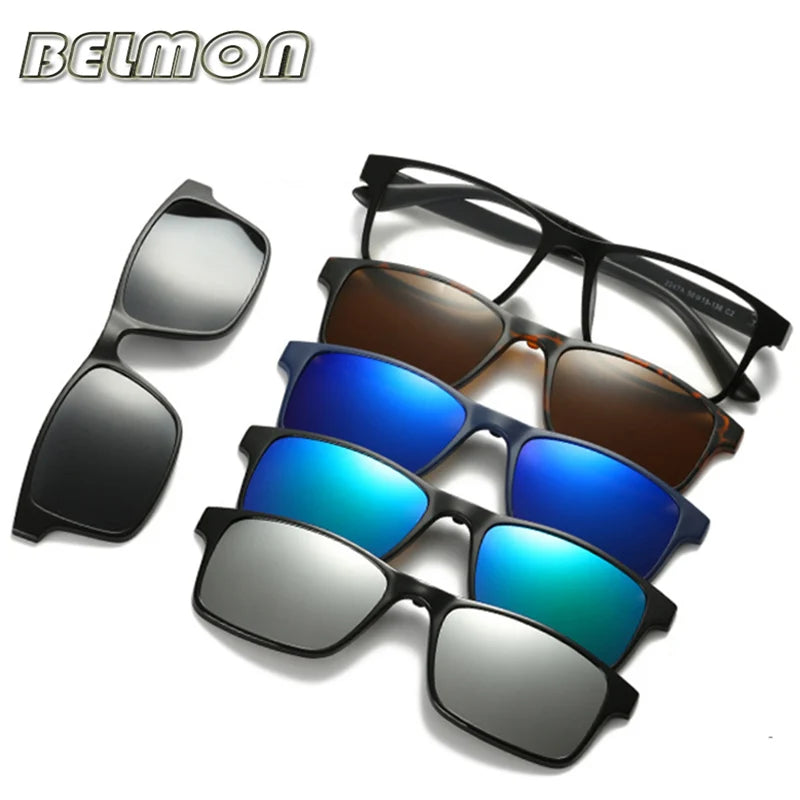 Belmon Unisex Square Eyeglasses with 5 Clip-On Sunglasses - Lightweight Blue Light Blocking Glasses for Men & Women - Perfect for Reading, Driving, and Outdoor Activities (RS159)