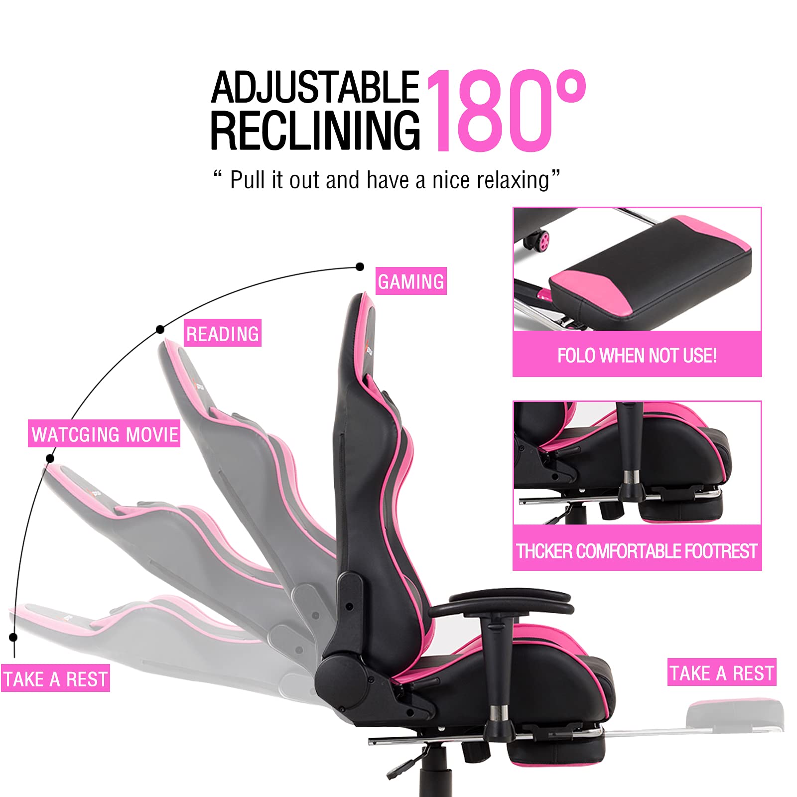 Premium Ergonomic Gaming Chair - Racing Style High-Back Computer Chair with Adjustable Headrest & Lumbar Support, Reclining PU Leather Office Chair with Footrest & Massage Function, Height Adjustable for Home, Office or Gaming Setup (Pink) - Perfect for Long Gaming Sessions, Work from Home & Office Comfort