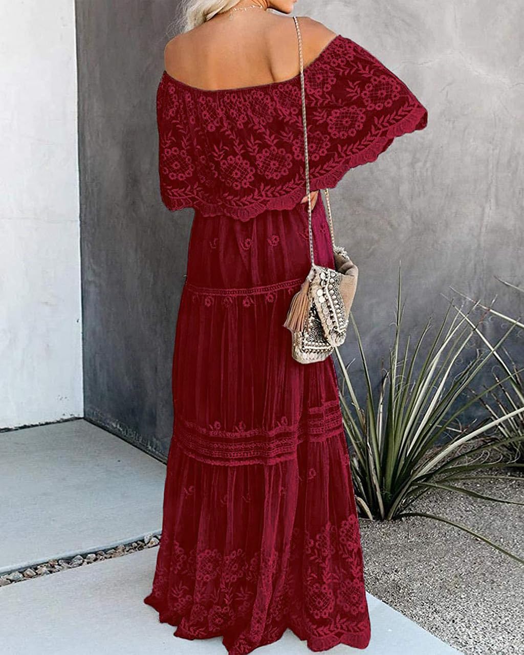MERMAID'S CLOSET Women's Boho Off Shoulder Lace Maxi Dress - White Flowy Wedding Guest, Bridesmaid, Evening Party & Summer Beach Dress for Women