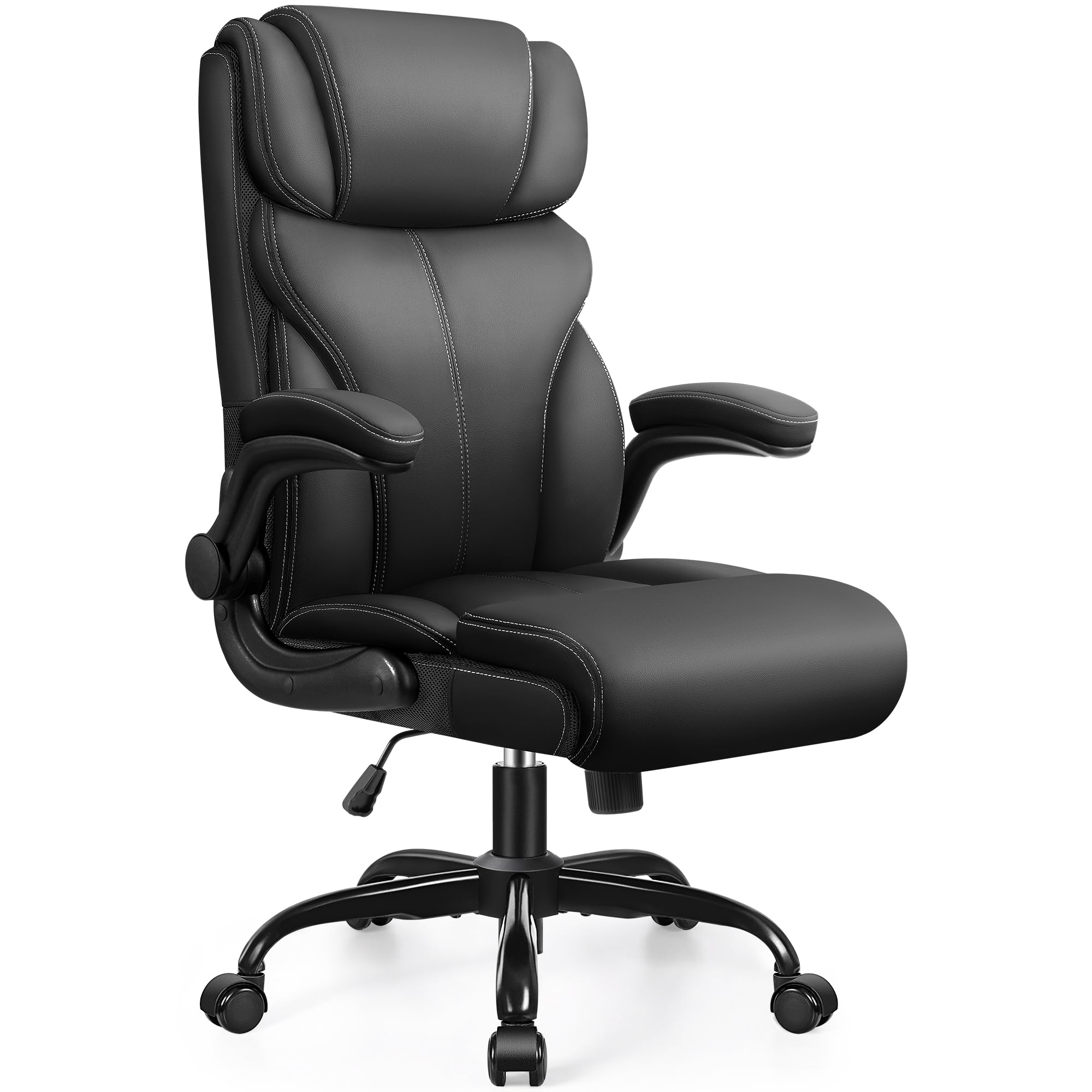 Ergonomic Big and Tall Office Chair - Adjustable High Back Executive Computer Desk Chair with Breathable Leather, Flip-Up Armrests & Lumbar Support - Swivel & Rocking PC Gaming Chair for Home Office, Workstation & Conference Room