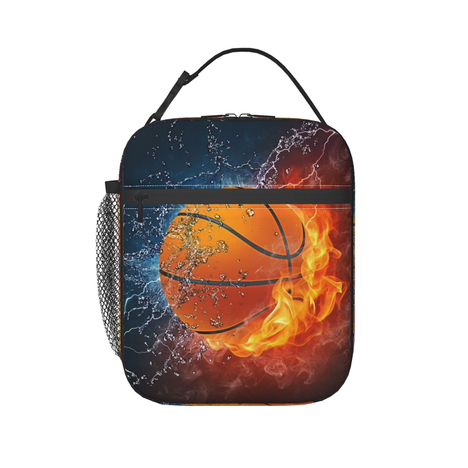 Insulated Fire and Water Basketball Lunch Box Cooler Tote with Adjustable Shoulder Strap - Leakproof Lunch Bag for School, Work, Gym & Outdoor Activities - Perfect for Boys, Girls, Men & Women