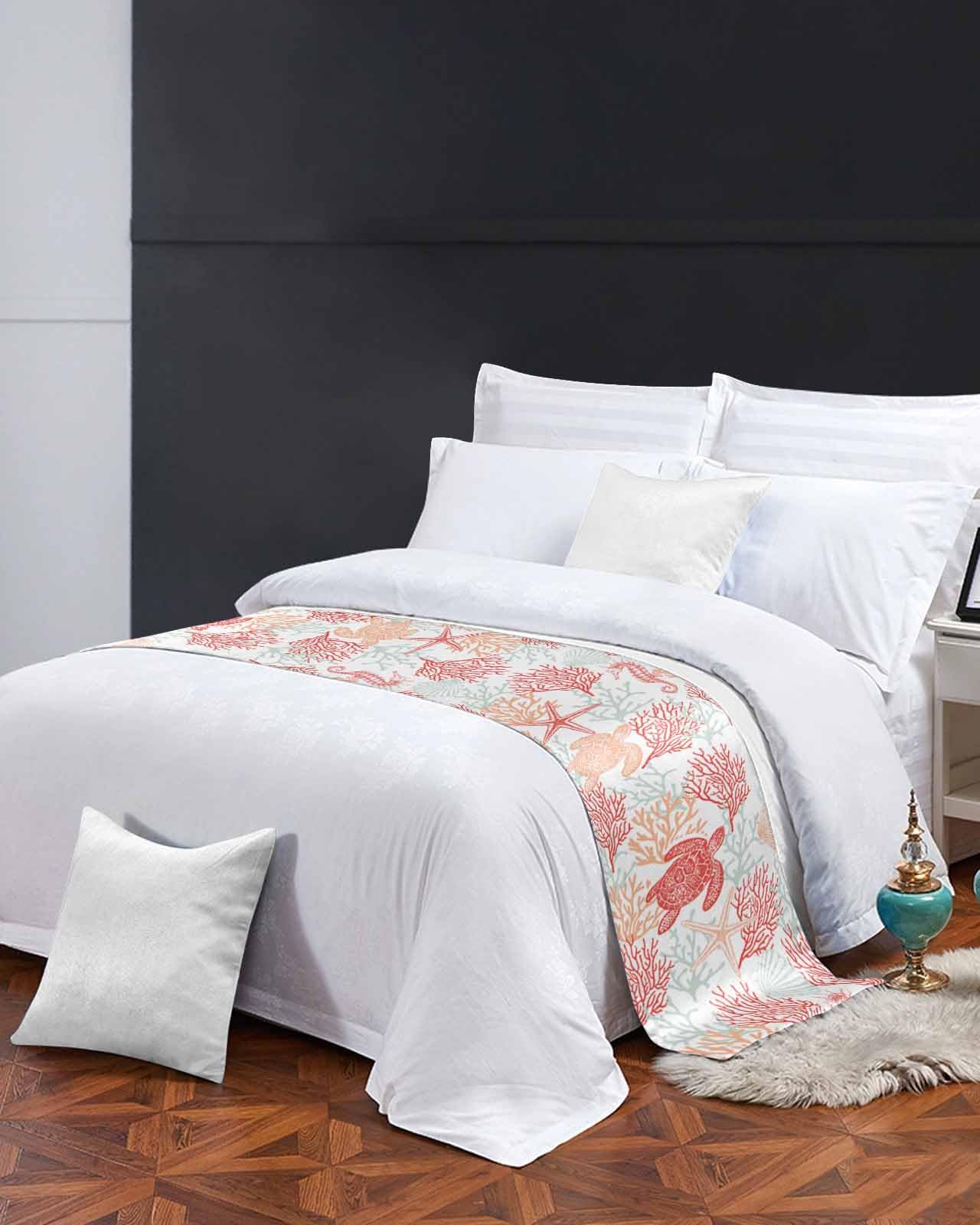 Red Orange Coastal Bed Runner for Full/Queen Bed - 83x20 Inch Nautical Coral Beach Bedspread Protector, Slipcover Bed Scarf for Foot of Bed - Perfect for Bedroom, Hotel & Wedding Decor - Sea Turtle Summer Beach Theme Home Accent