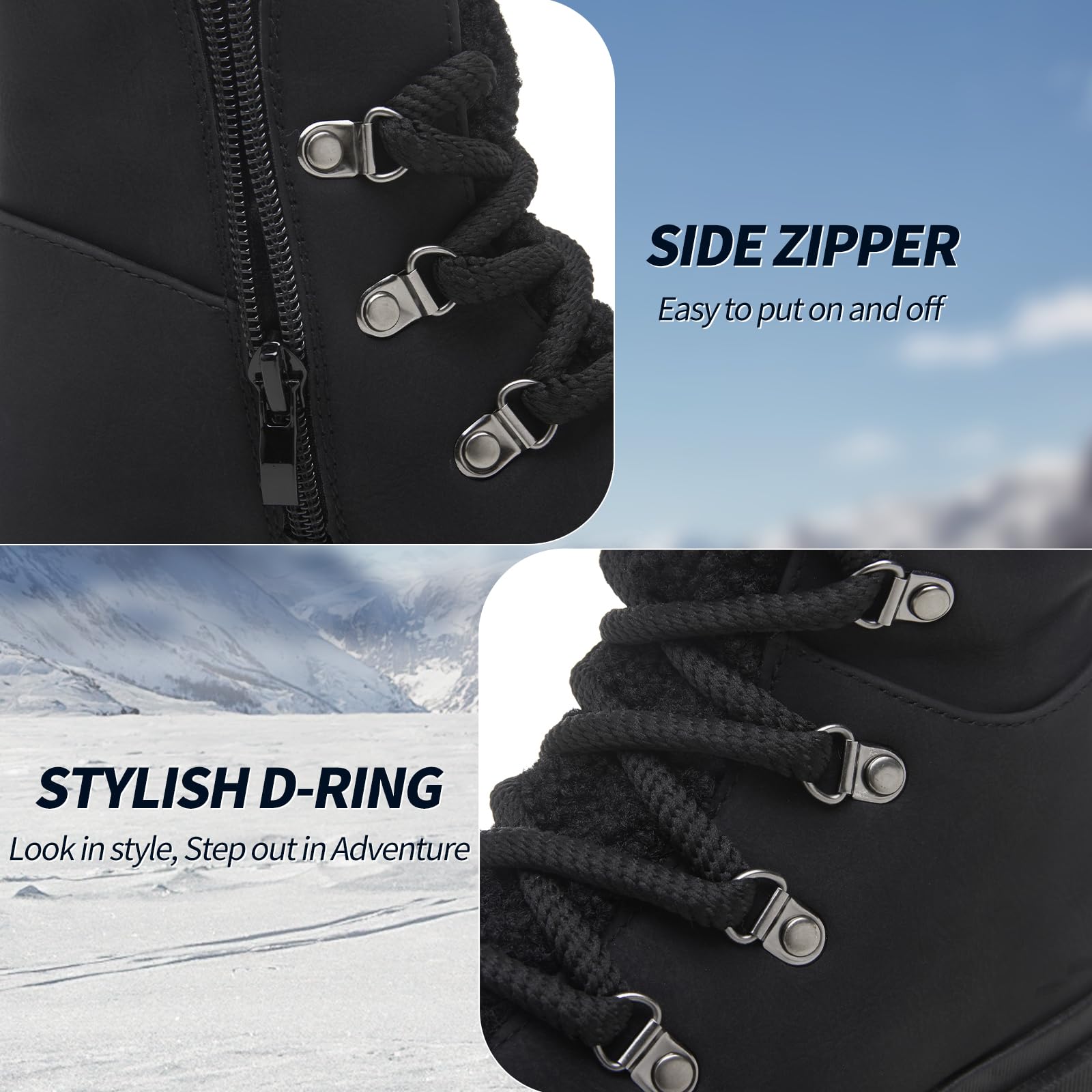 Kufeiti Women's Combat Boots - Waterproof Hiking Boots with Side Zipper, Lace Up Platform Boots for Winter & Backpacking | Fashionable Outdoor & Streetwear Style