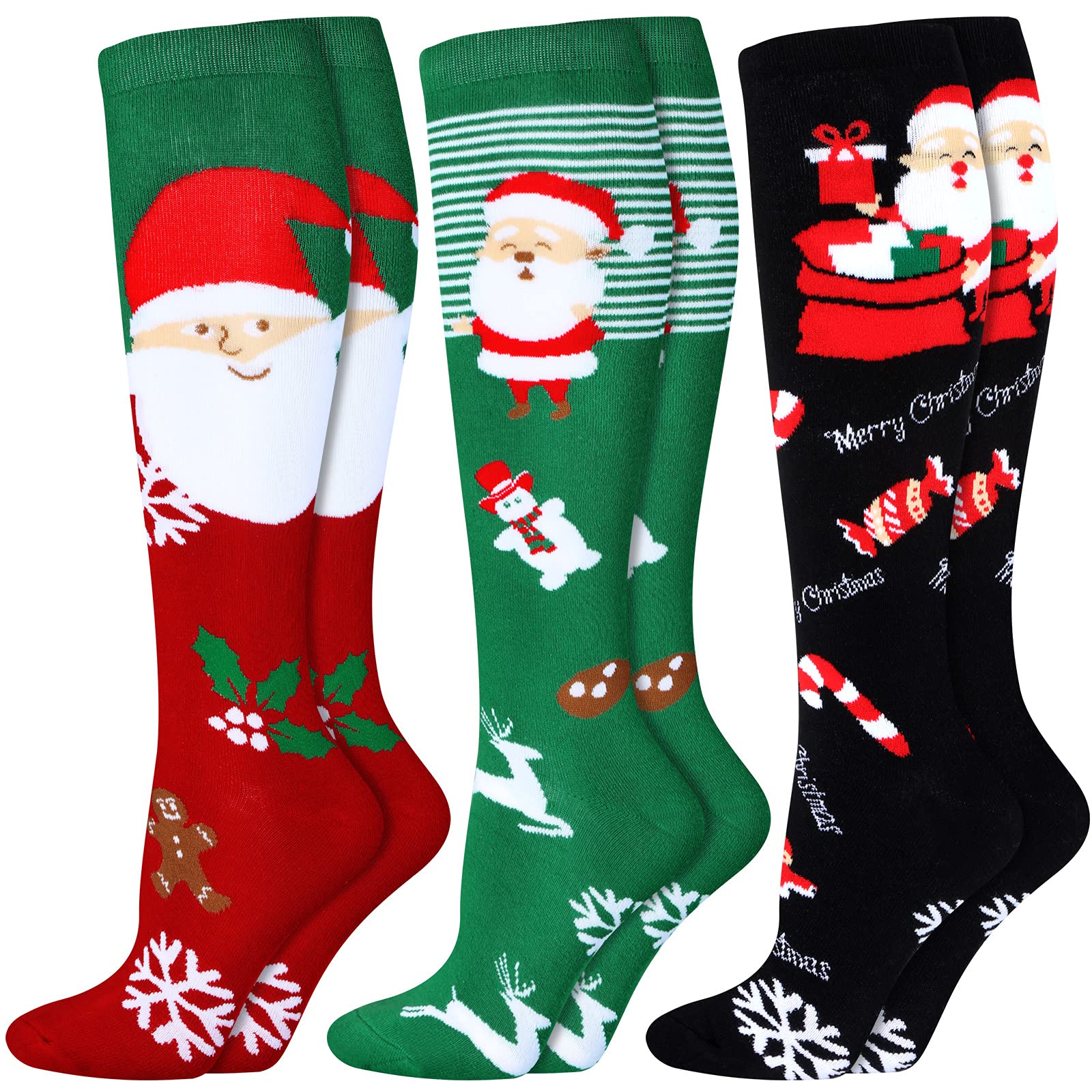 3 Pairs Fun Christmas Cotton Socks - Striped Knee High Holiday Socks for Women & Girls - Santa, Reindeer & Gingerbread Man Designs - Colorful Novelty Xmas Compression Socks - Perfect for Gifts, Parties & Festive Outfits