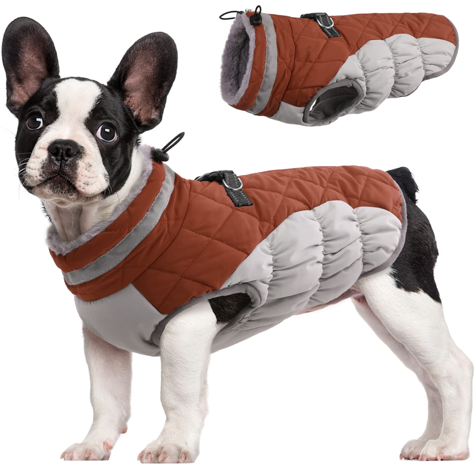 FUAMEY Warm Dog Jacket - Winter Fleece Vest with Reflective Strips & Built-in Harness | Waterproof Windproof Dog Coat for Cold Weather | X-Small Brown | Perfect for Snowy Walks & Outdoor Adventures